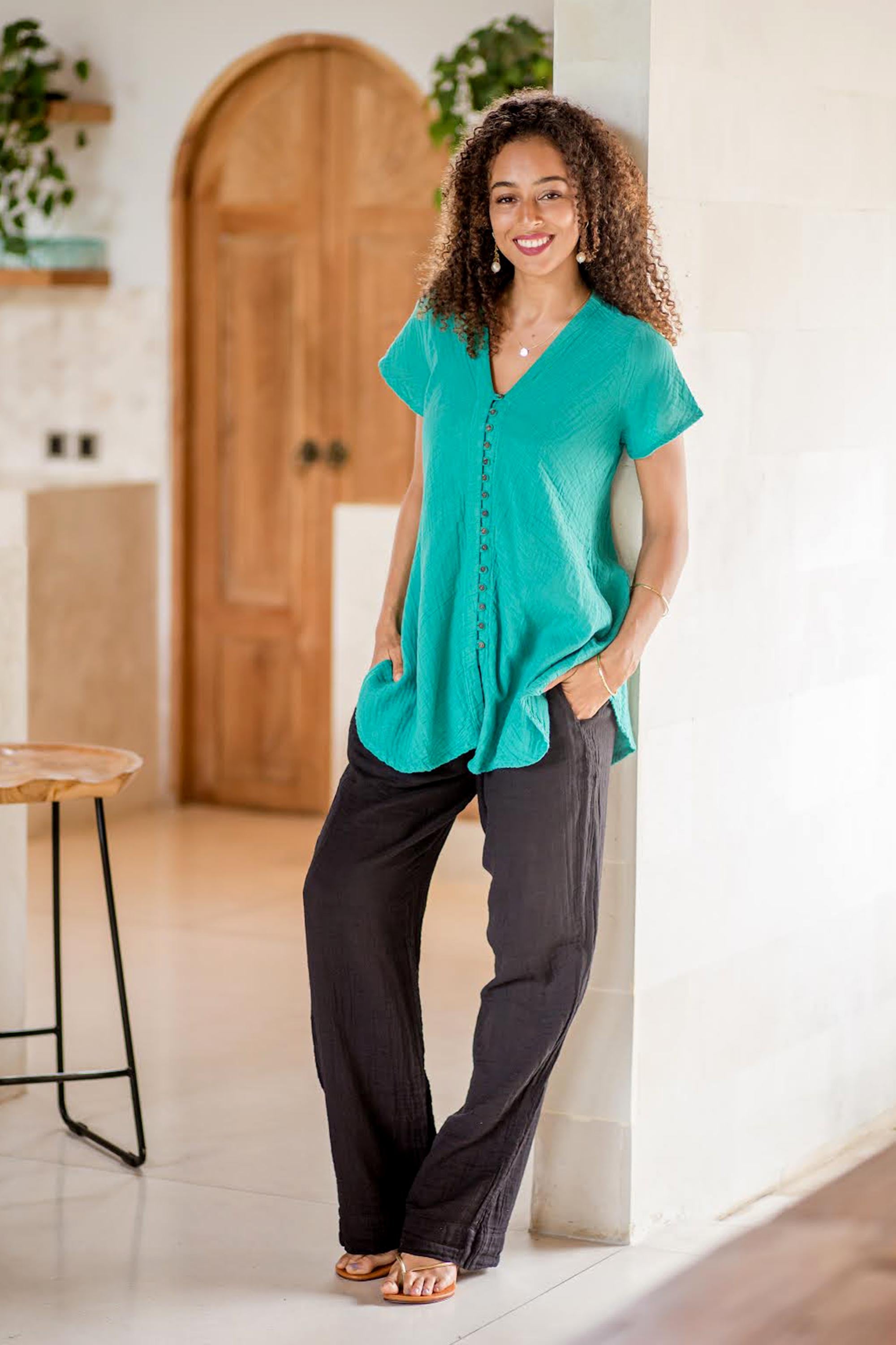 Turquoise Flair Cotton V-Neck Blouse with Coconut Shell Buttons