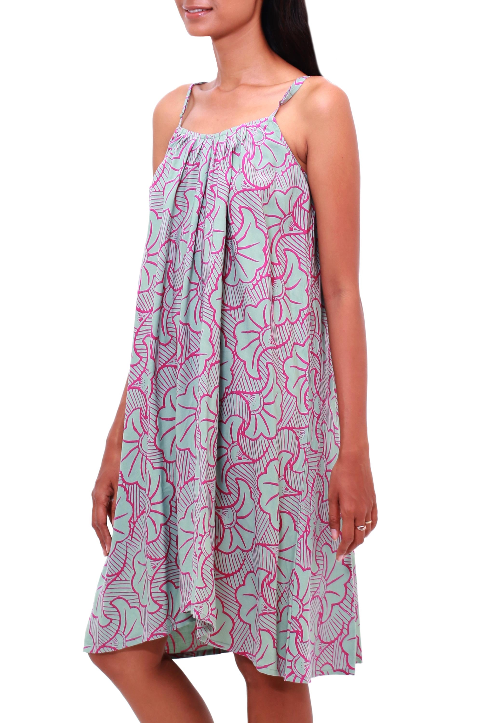 Gingko Leaf Batik Rayon Sundress in Green and Magenta from Bali