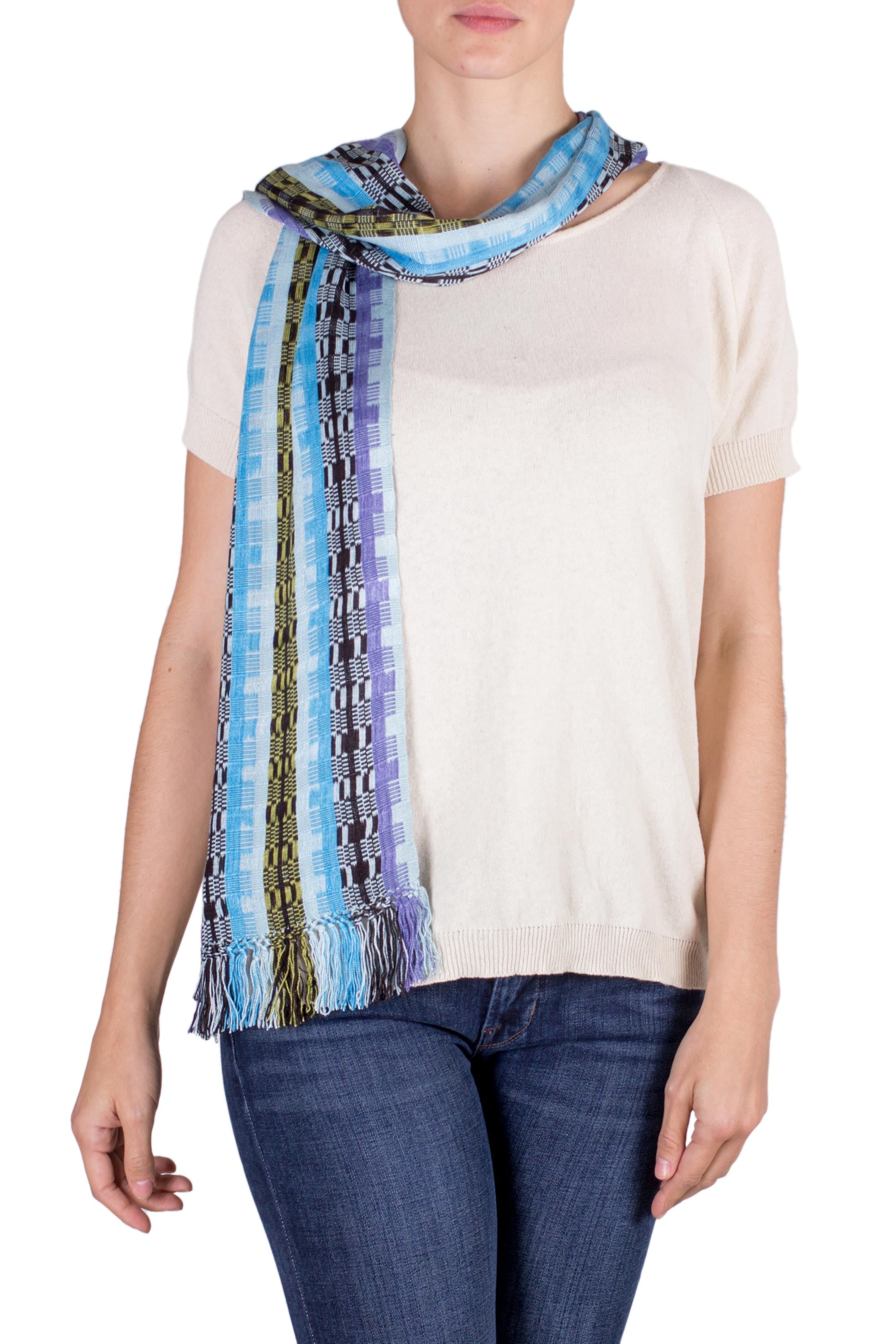 Multicolor Blue Bamboo Hand Woven Rayon Scarf in Shades of Blue and Lilac