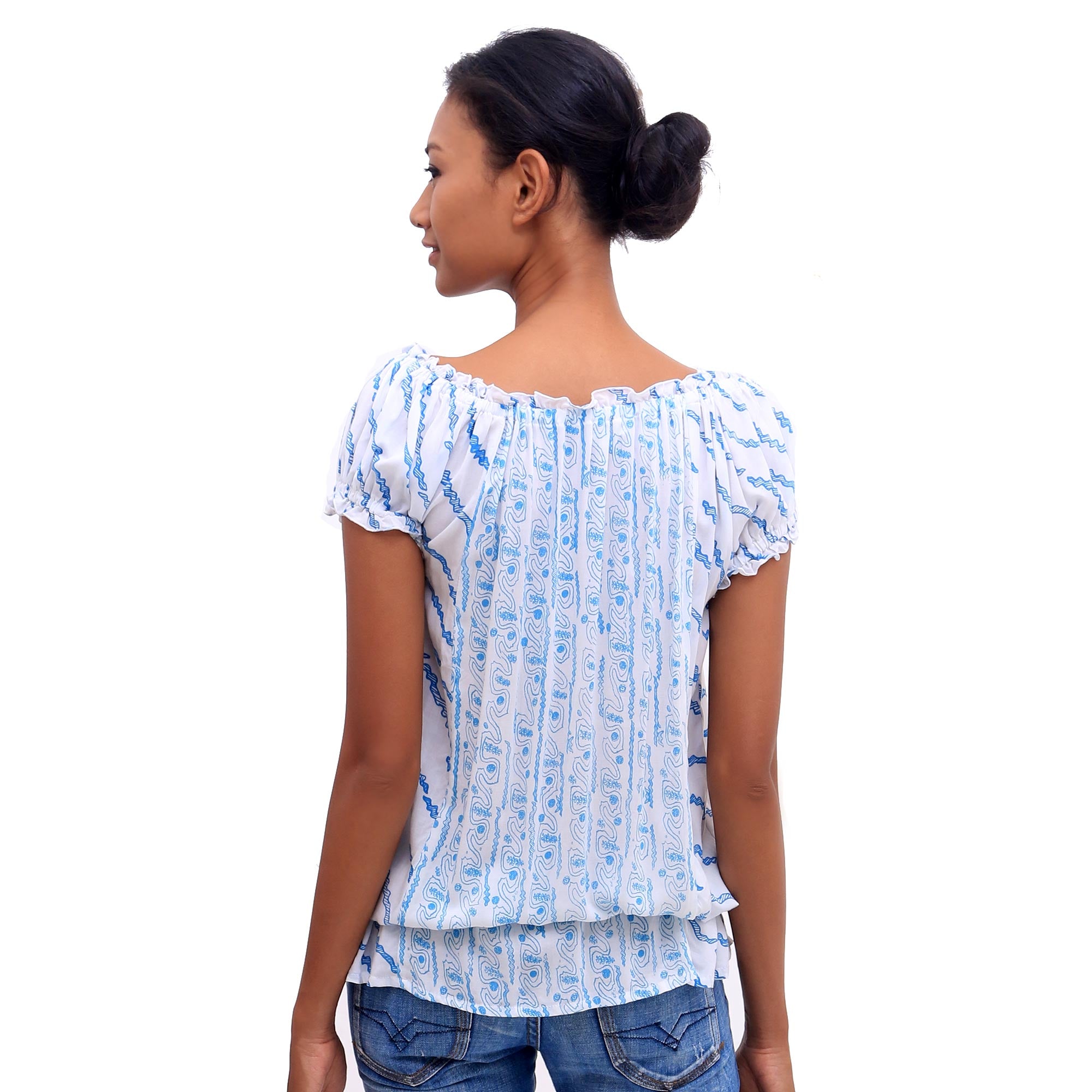 Azure Helix Helix Motif Rayon Off-The-Shoulder Blouse from Bali