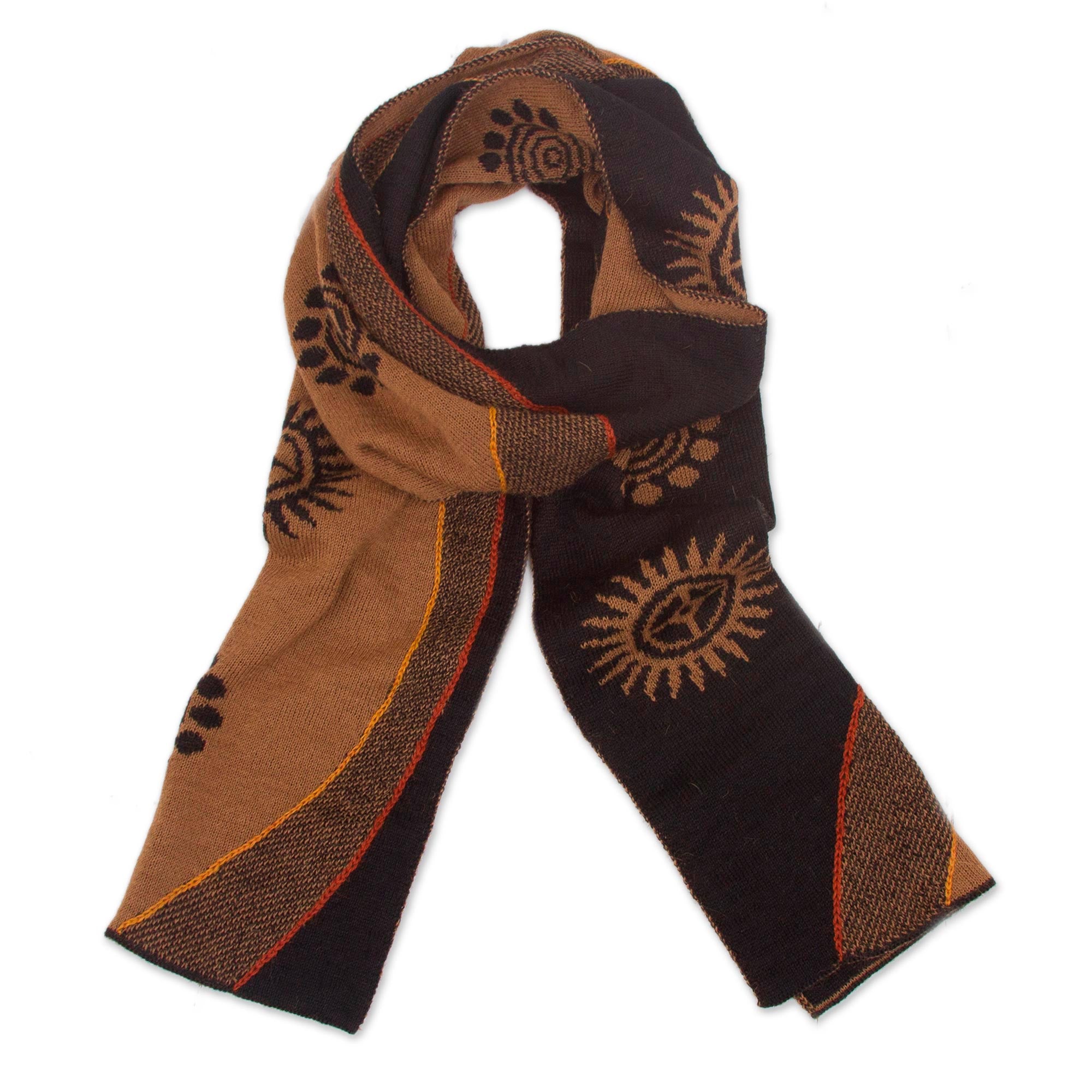 Sepia and Black Cosmovision Reversible Sepia and Black Sun Motif Alpaca Blend Scarf