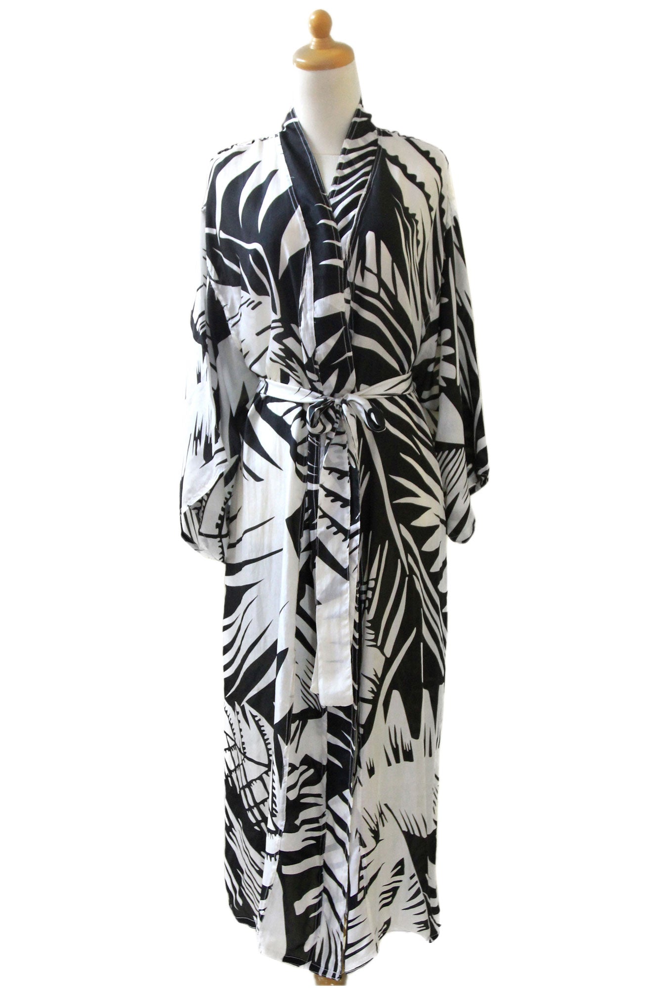 Palm Frond Shadow Women's Artisan Crafted Black and White Long Silk Robe