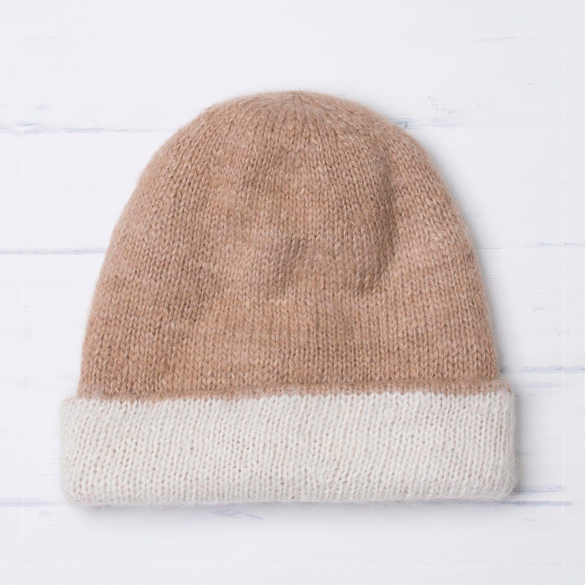 Cozy Winter in Tan 100% Alpaca Hat in Beige and White from Peru