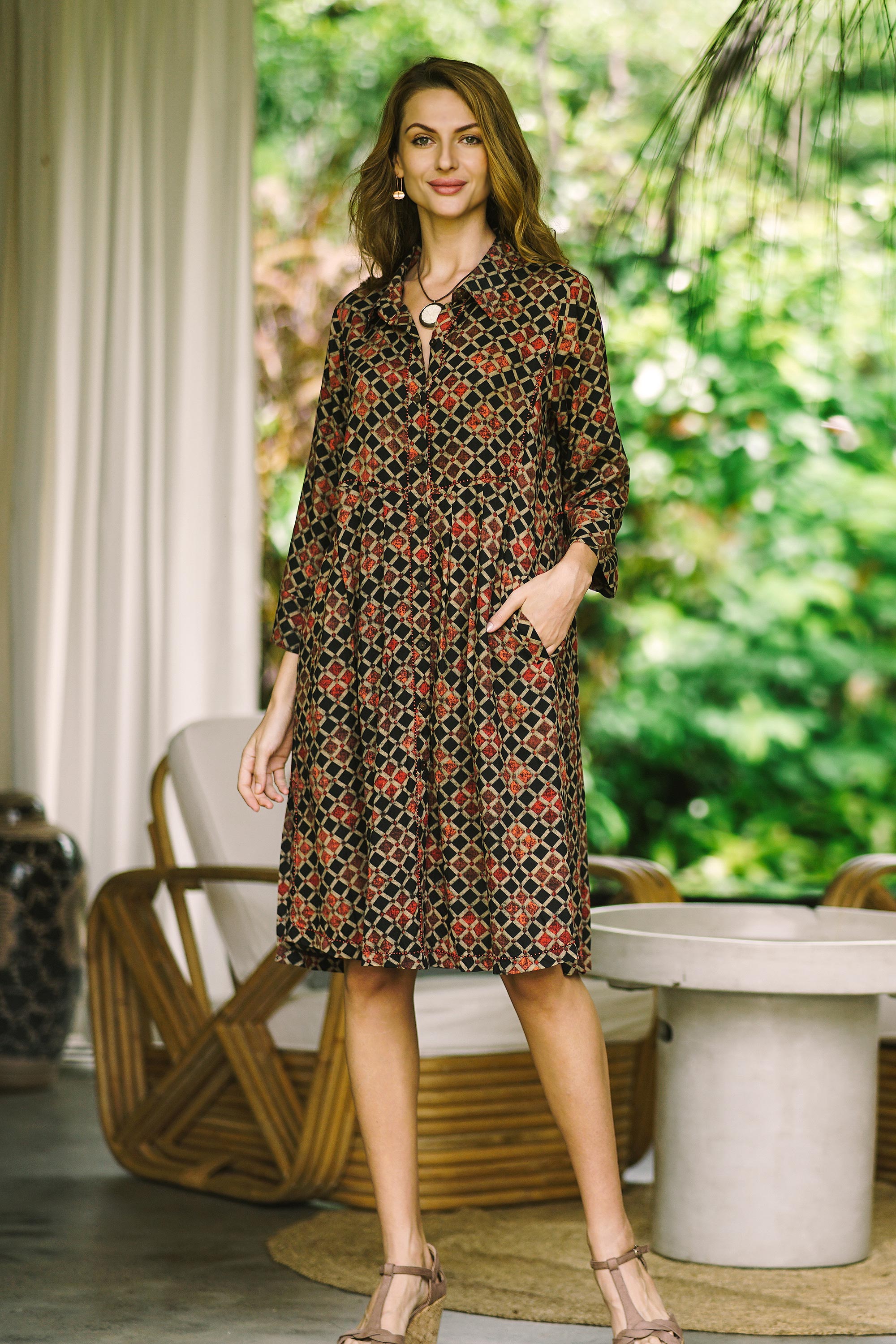 Creative Fusion Dropped-Waist Viscose Print Shirtdress