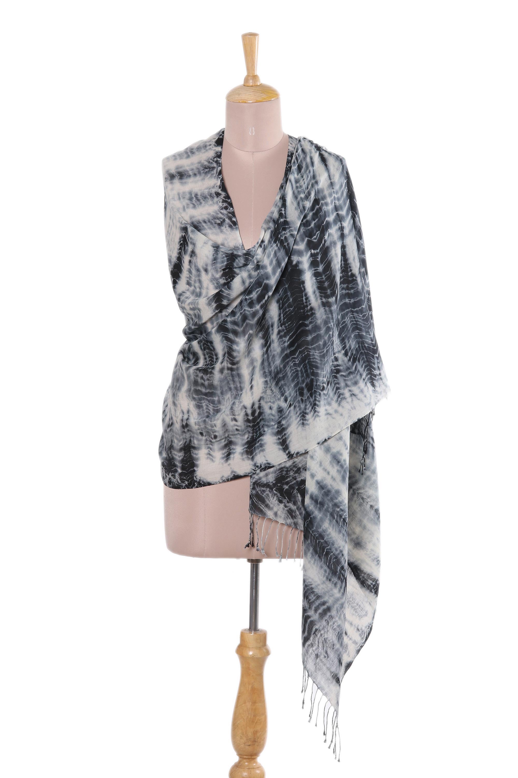 Elegant Shibori 100% Cotton Shibori Shawl in Black and Ivory from India