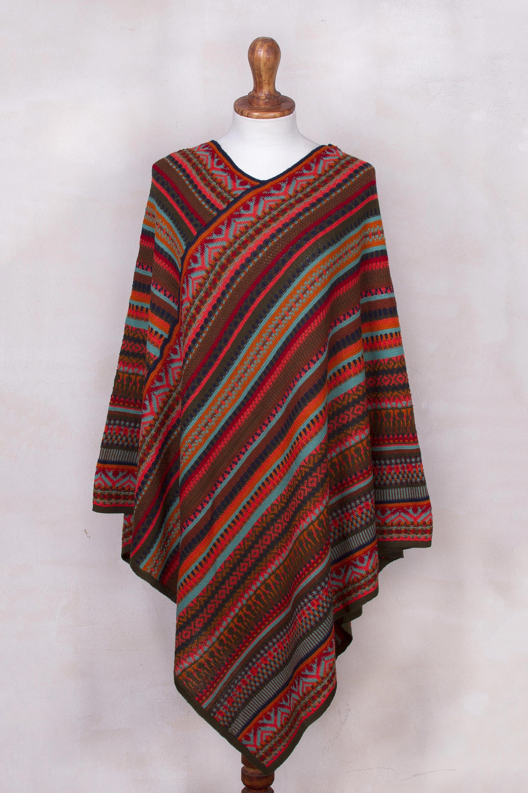 Rivers of Red Red and Multi-Color Striped Acrylic Knit Poncho