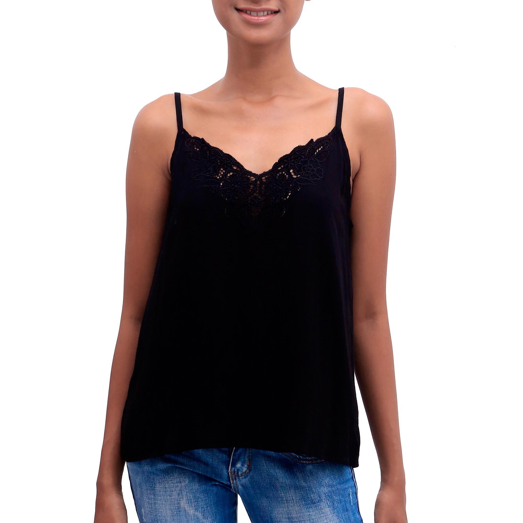 Onyx Kerawang Floral Embroidered Rayon Tank Top in Onyx from Bali