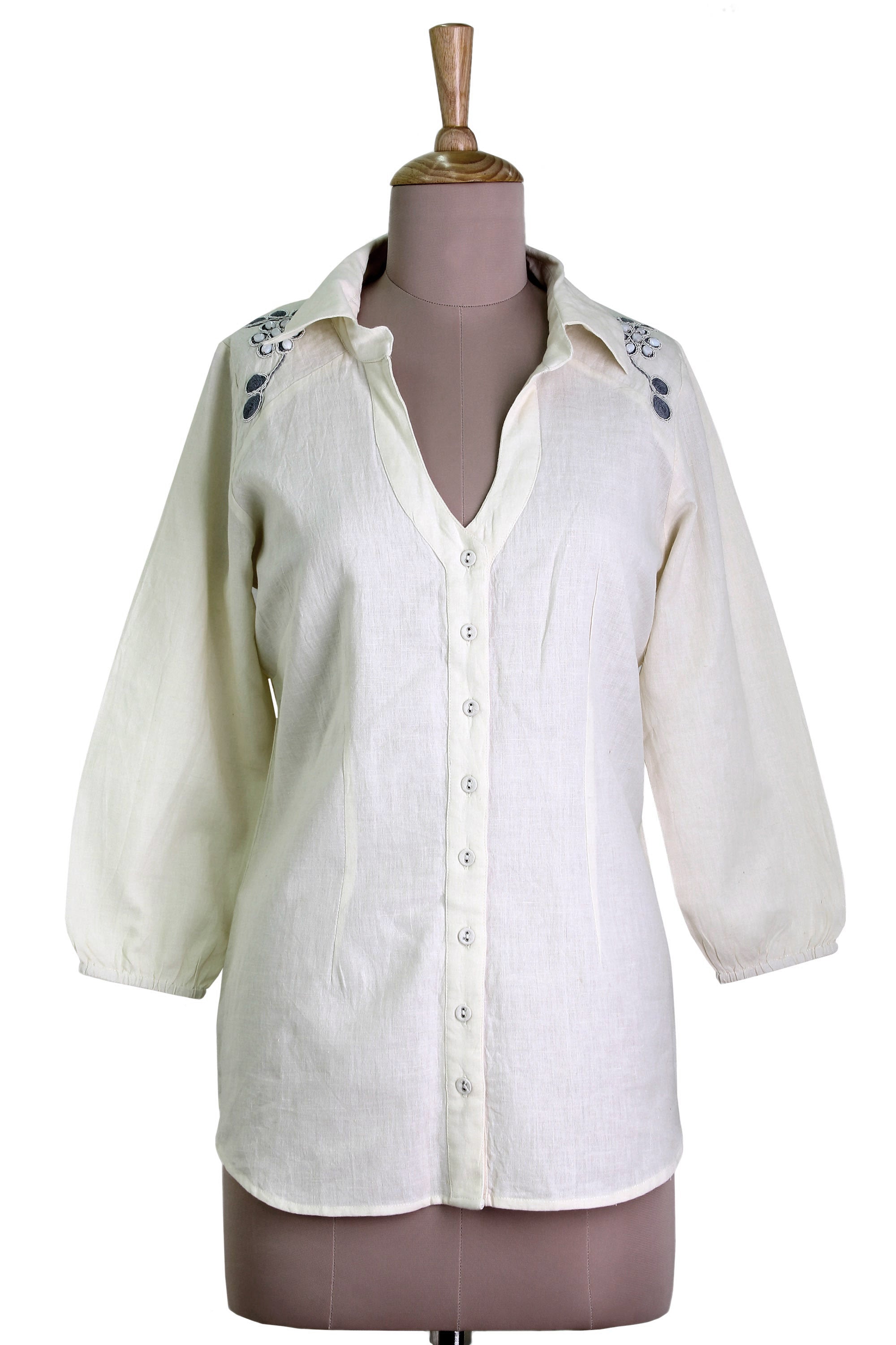 Ivory Relaxation Cotton Viscose Blend Tunic in Ivory Plastic Beads from India