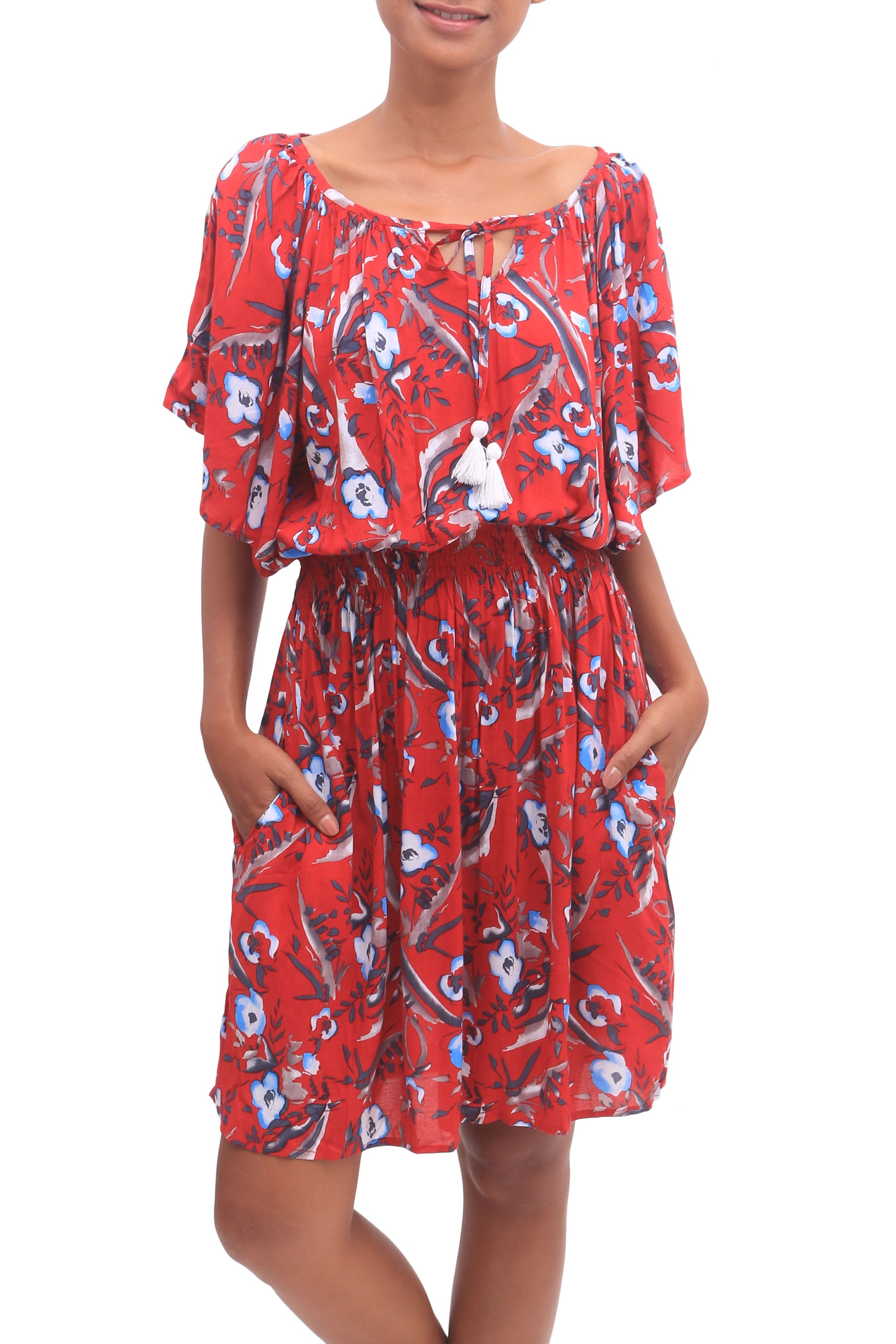 Strawberry Bouquet Floral Rayon Tunic-Style Dress in Strawberry from Bali