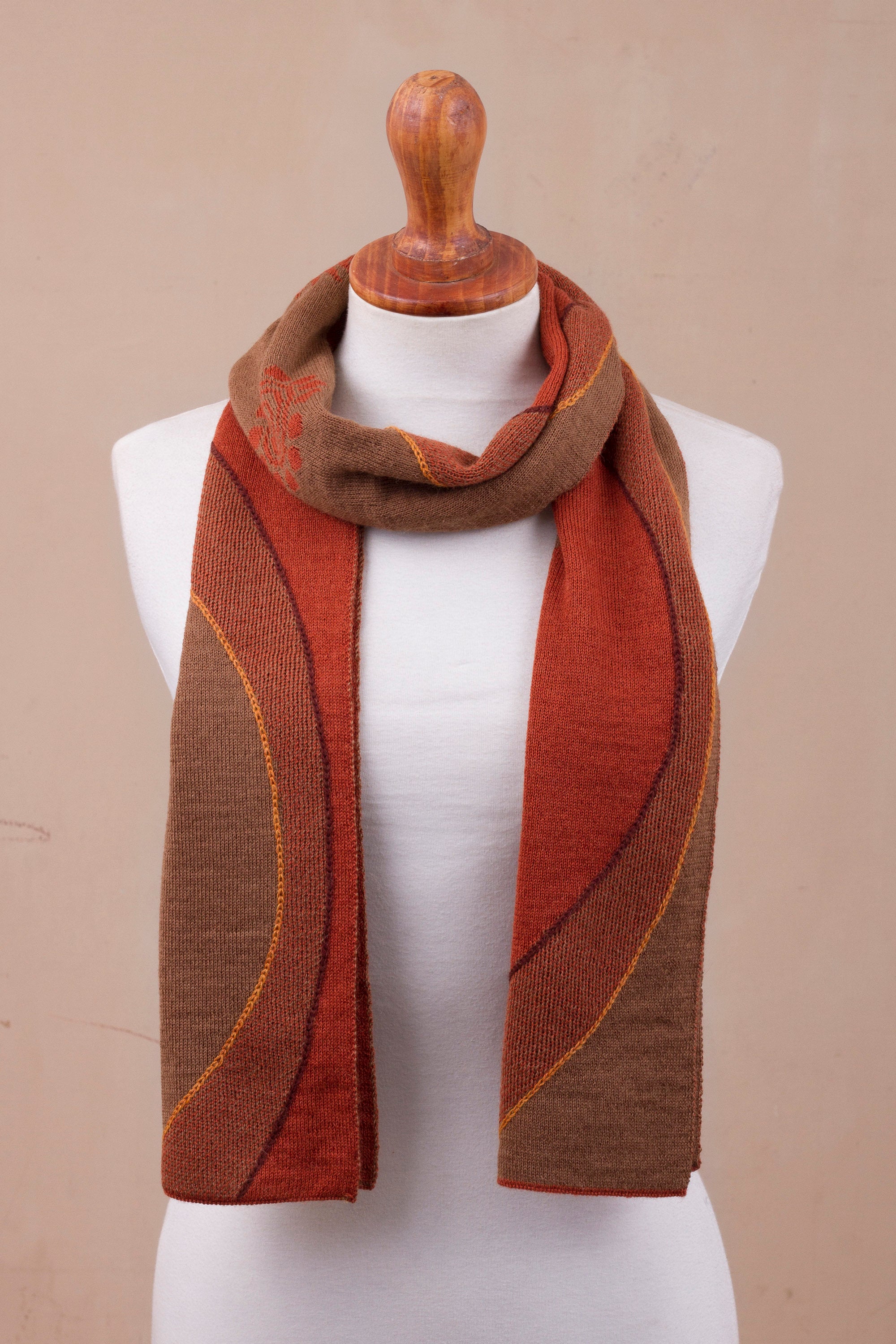 Pumpkin and Sepia Cosmovision Sun Motif Sepia and Pumpkin Alpaca Blend Scarf from Peru