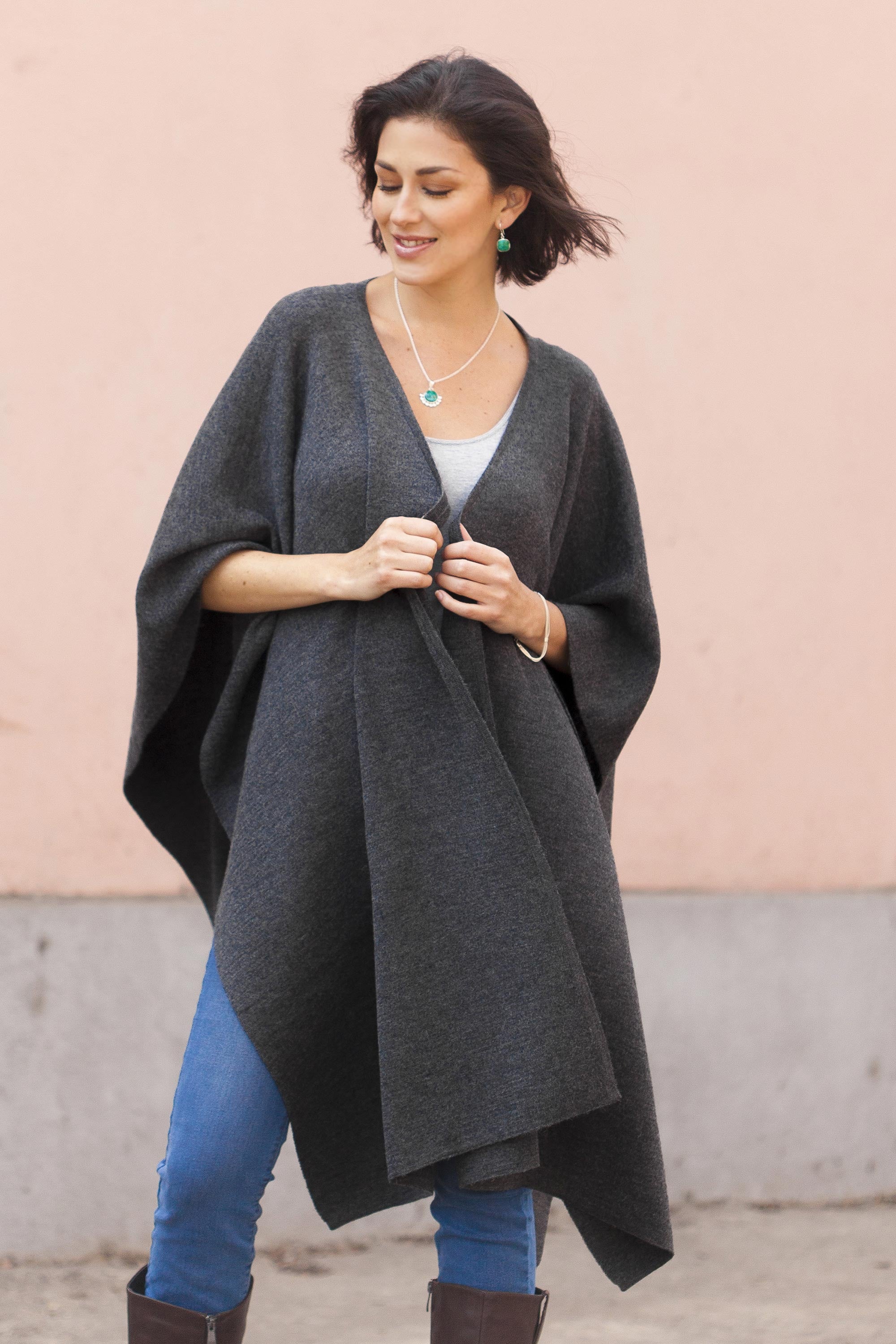 Elegant Fashion in Graphite Knit Alpaca Blend Ruana in Graphite from Peru