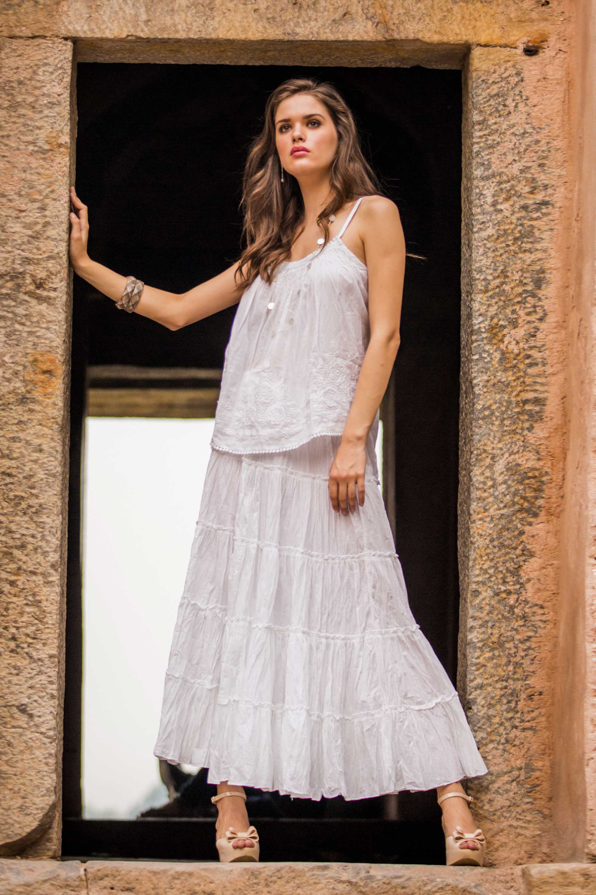 Frilly White Unlined Semi-Sheer Tiered White Cotton Skirt