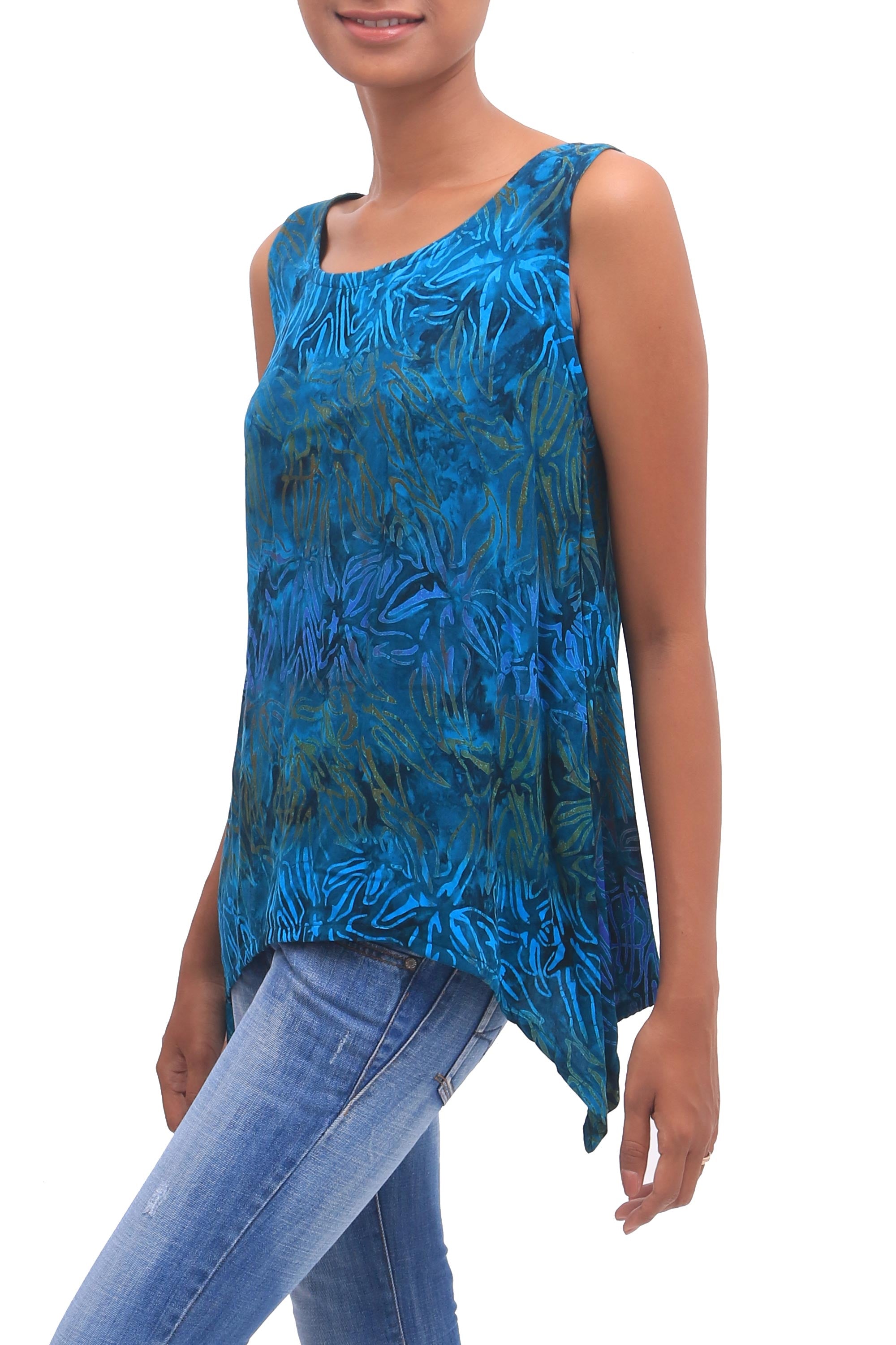 Kenanga Sleeveless Women's Rayon Tank Top with Teal Floral Print