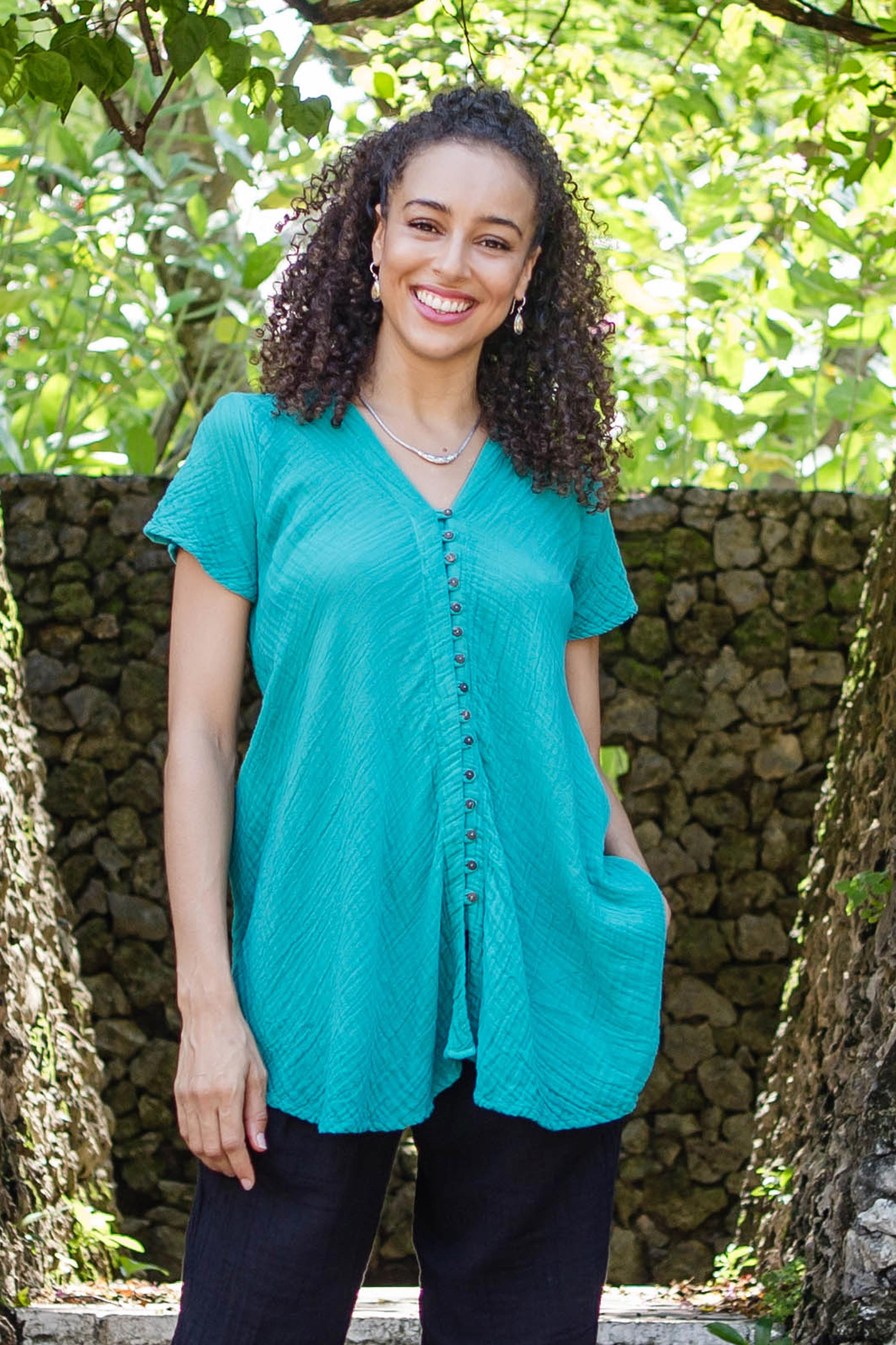 Turquoise Flair Cotton V-Neck Blouse with Coconut Shell Buttons