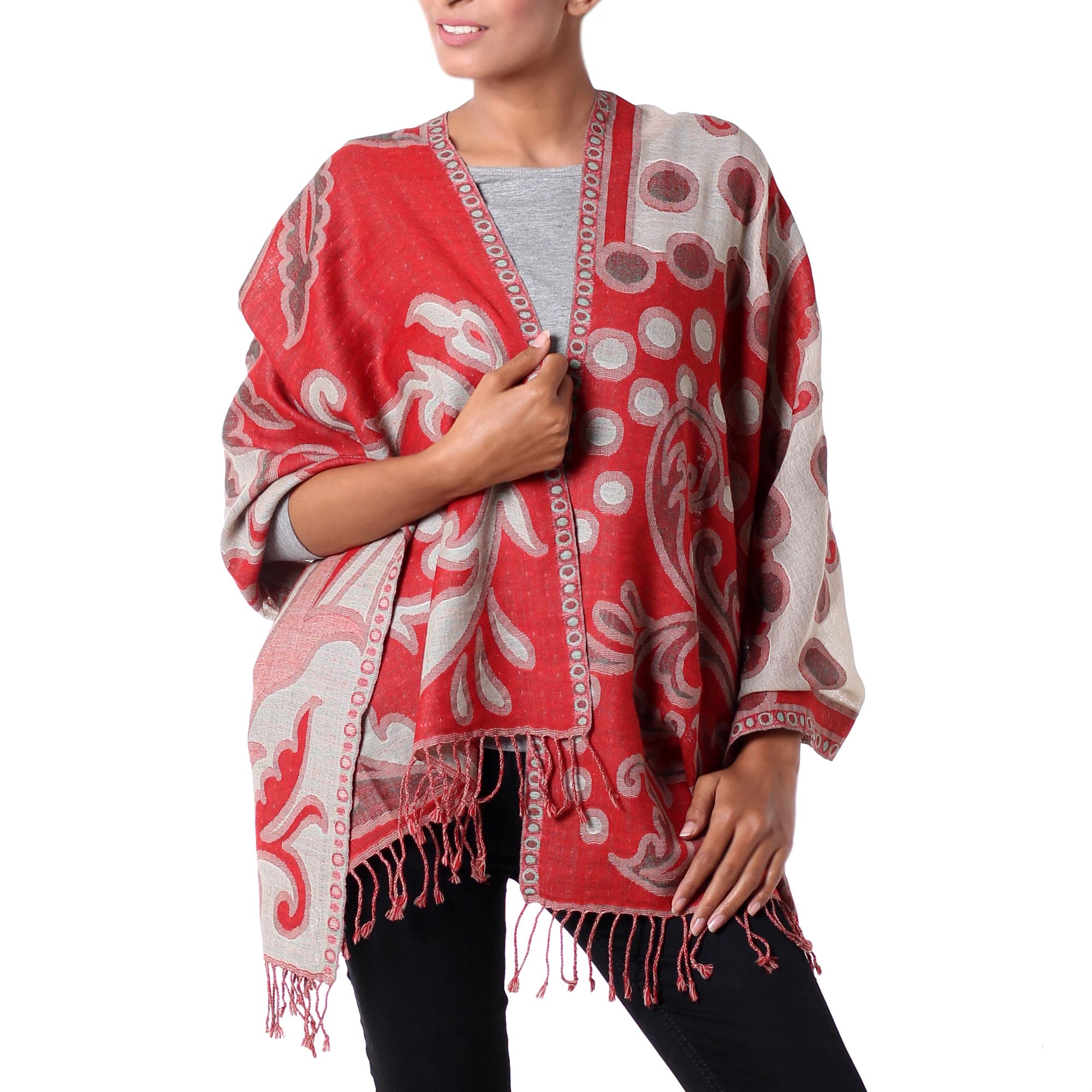 Modern Red Jamawar Red and Beige Modern Wool Shawl from India