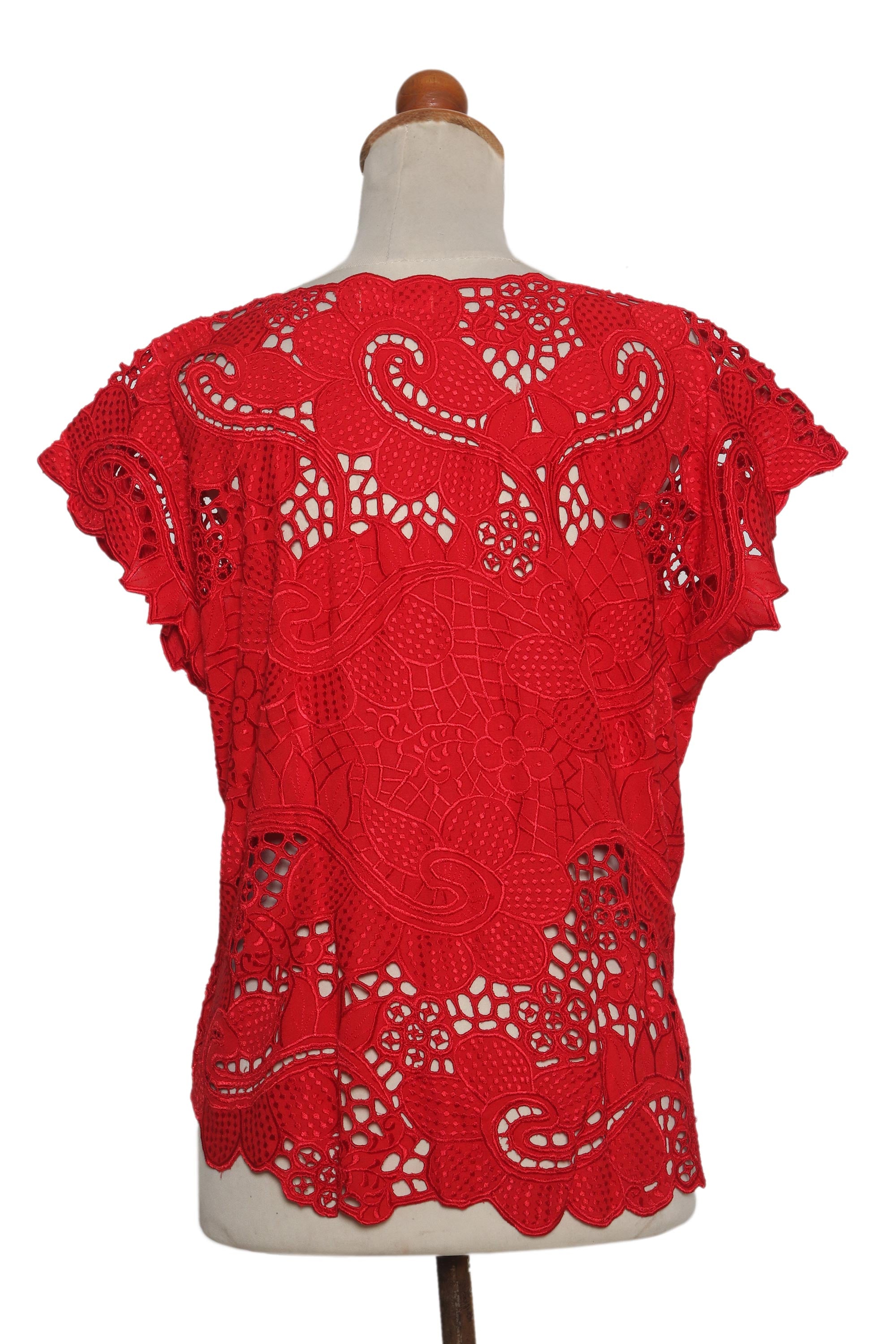 Rose Mallow in Red Red Floral Openwork and Embroidered Rayon Top