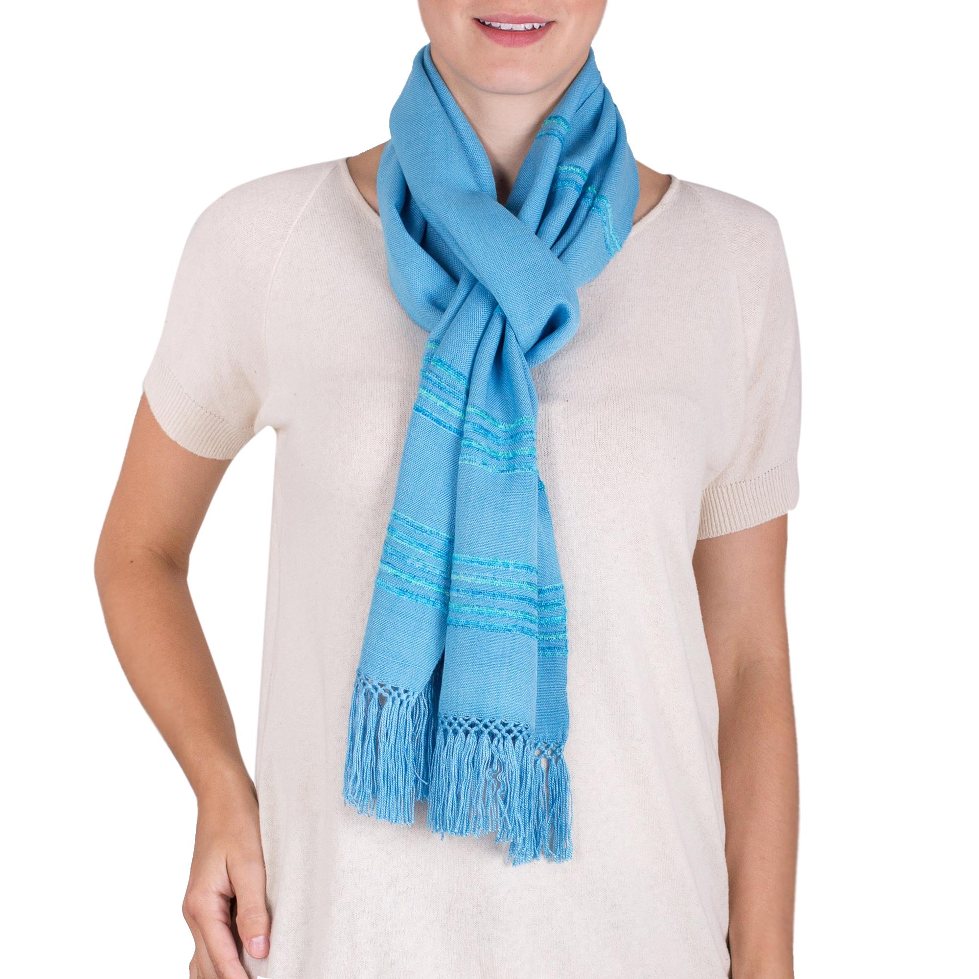 Mystic Maya Sky Handwoven Blue and Turquoise Rayon Fiber Scarf