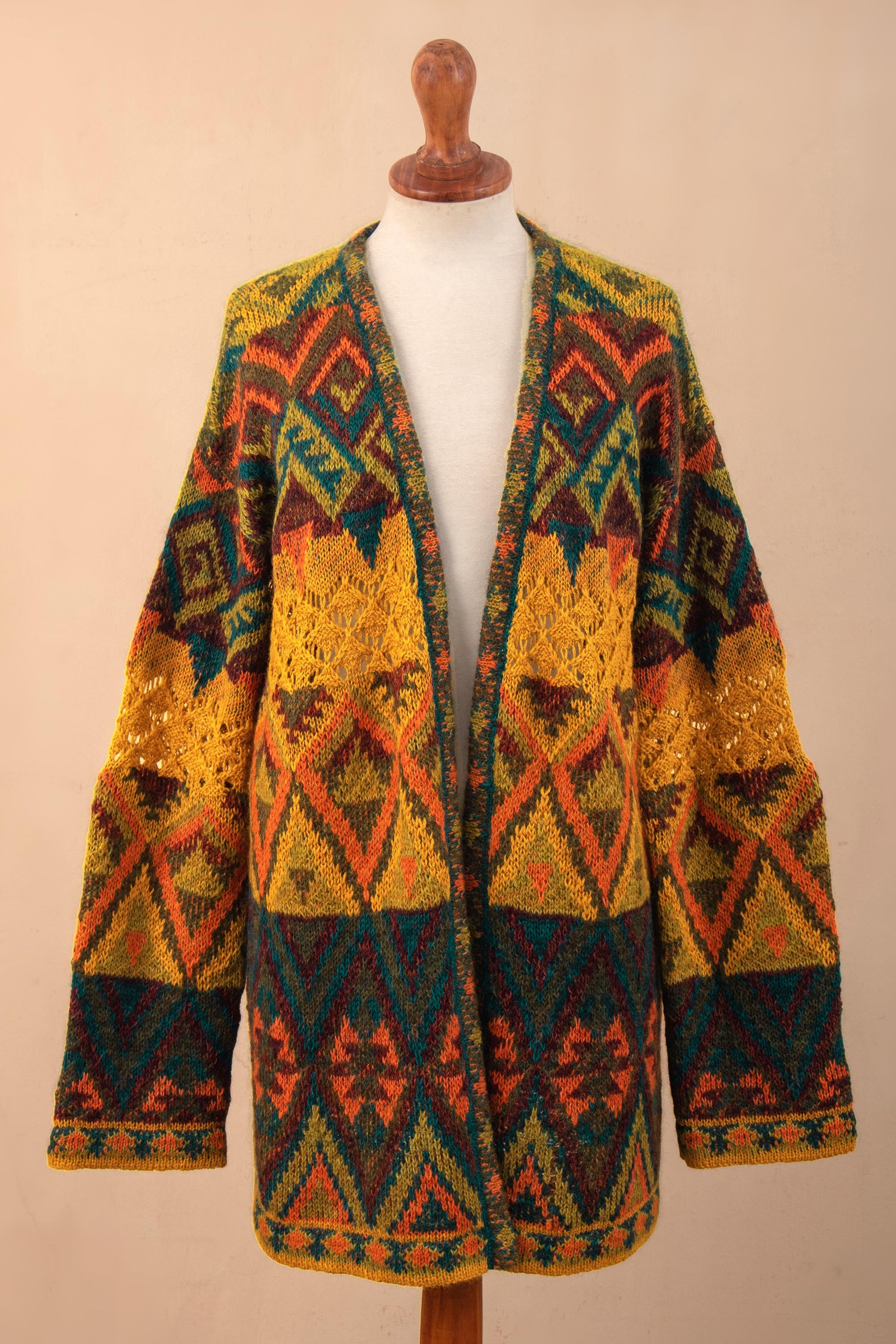 Chevere Art Knit Cardigan  Baby Alpaca Blend Geometric Motifs Knit Cardigan Sweater