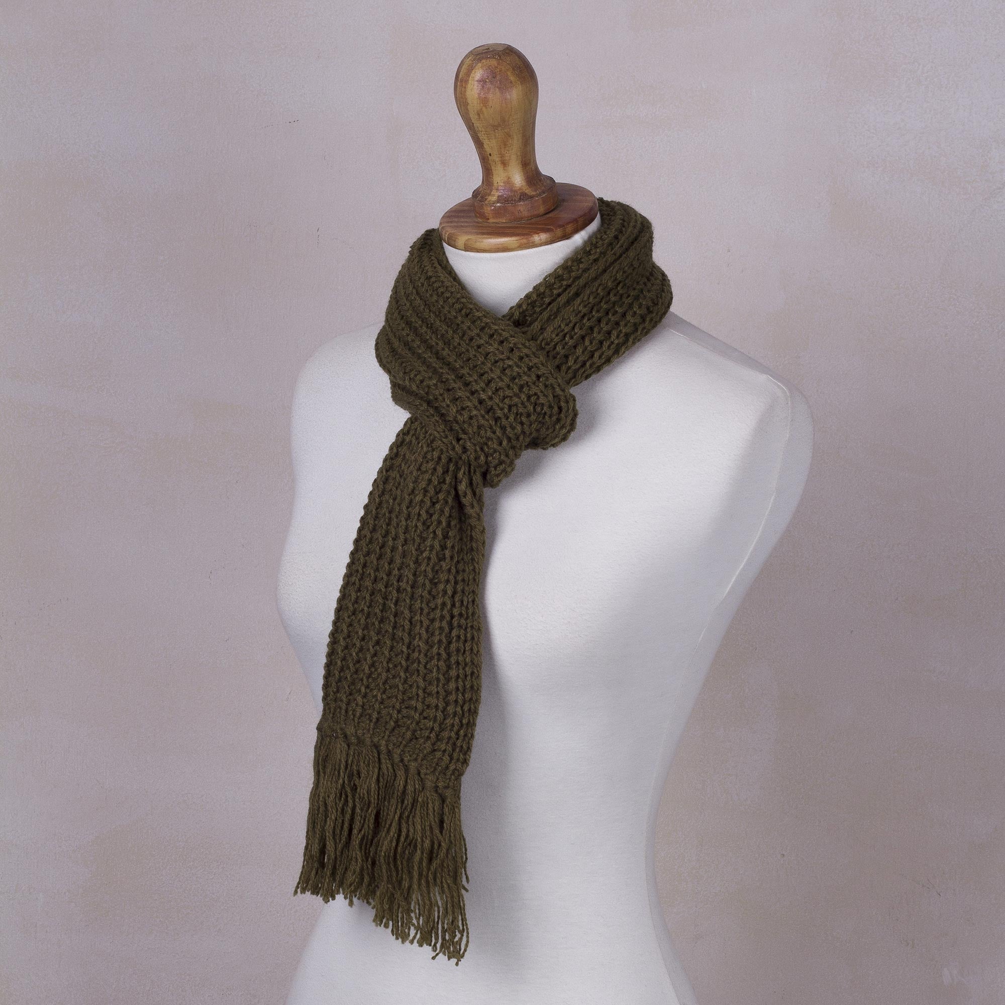 Olive Green Andean Textures Unisex Rib Knit Acrylic Scarf in Olive Green from Peru