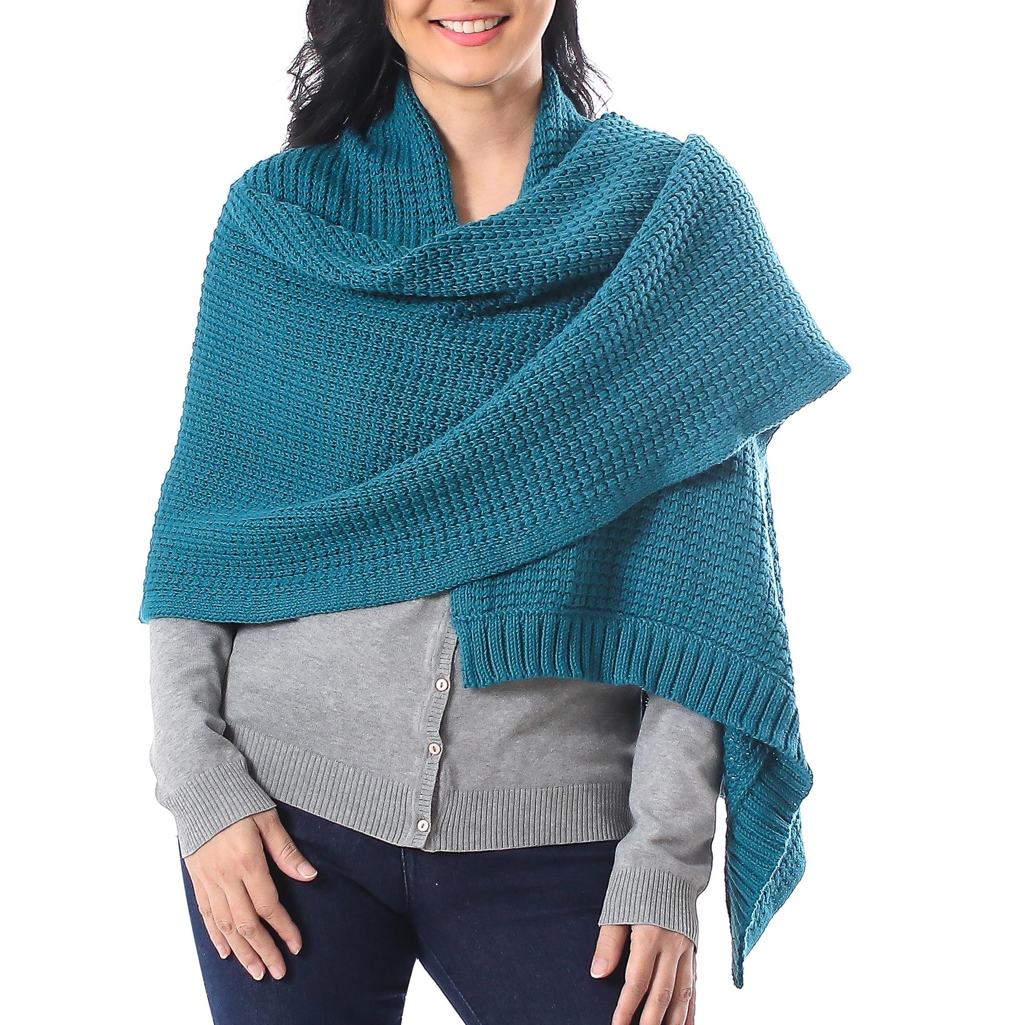 Chic Warmth in Teal Patterned Knit Cotton Shawl in Teal from Thailand