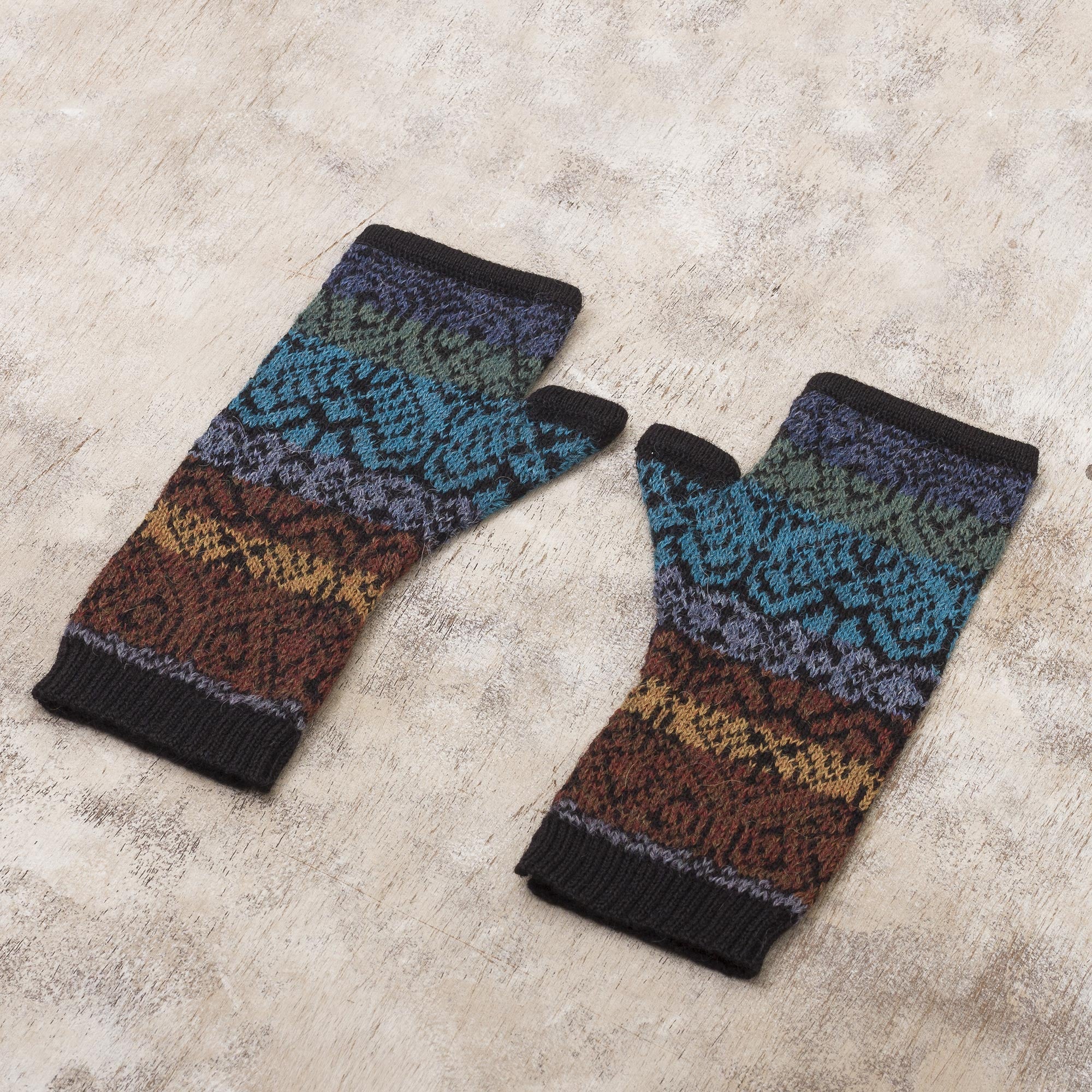 Earth and Sky Inca Inspired Alpaca Knit Fingerless Mitts