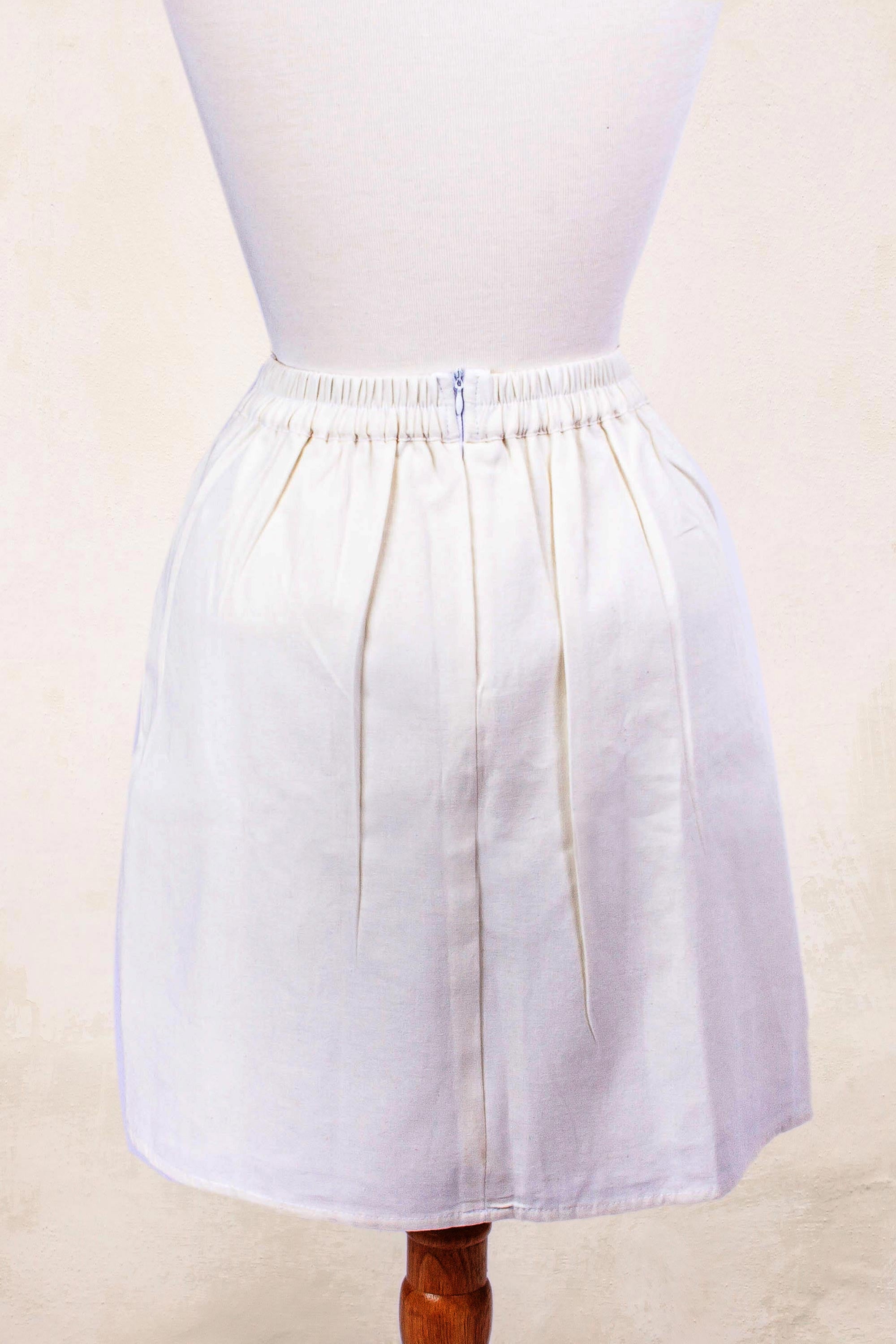 Radiant Bright Bouquet Colorful Hand Embroidered White Cotton A-Line Skirt