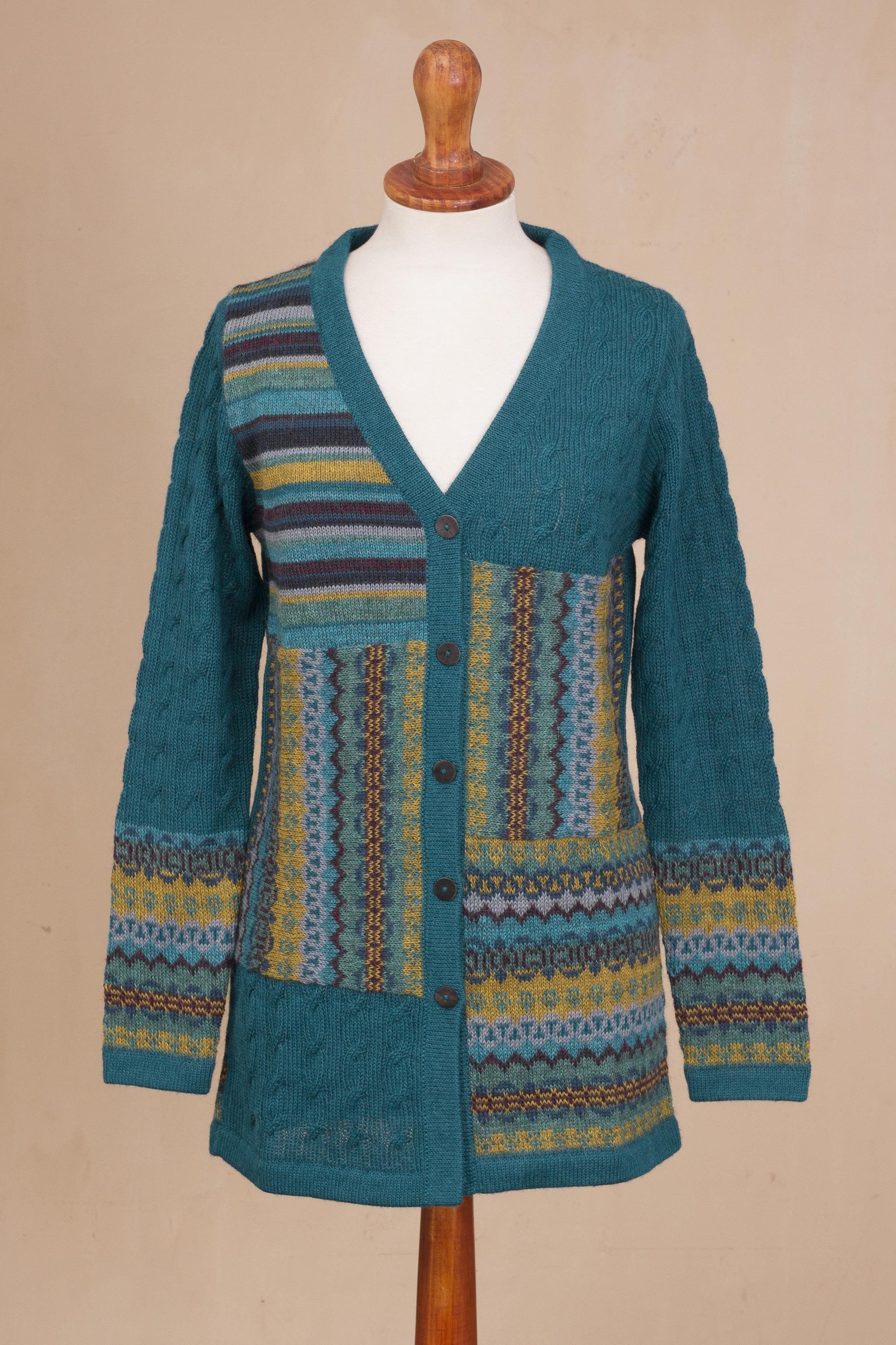 Patchwork in Teal Cable Knit 100% Alpaca Cardigan in Teal from Peru