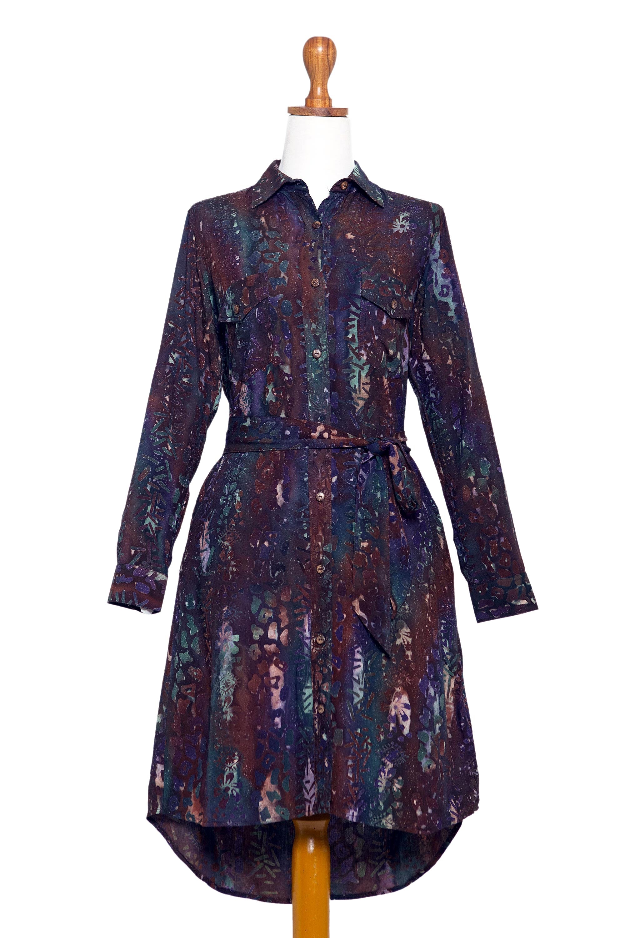 Chic Style Batik Rayon Collared Shirtdress from Bali