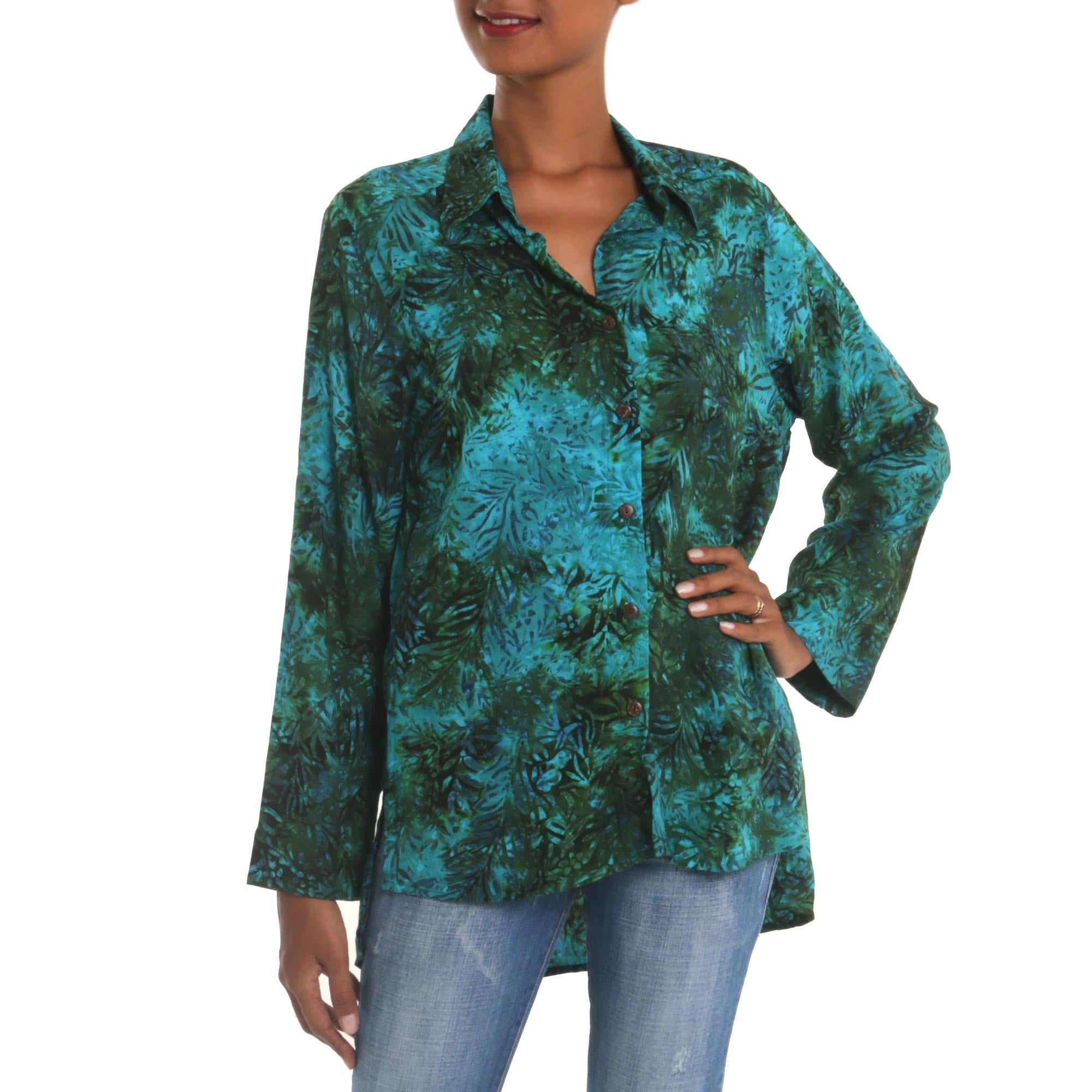 Java Emerald Rayon Batik Long Sleeve Teal Hi-Low Button Shirt