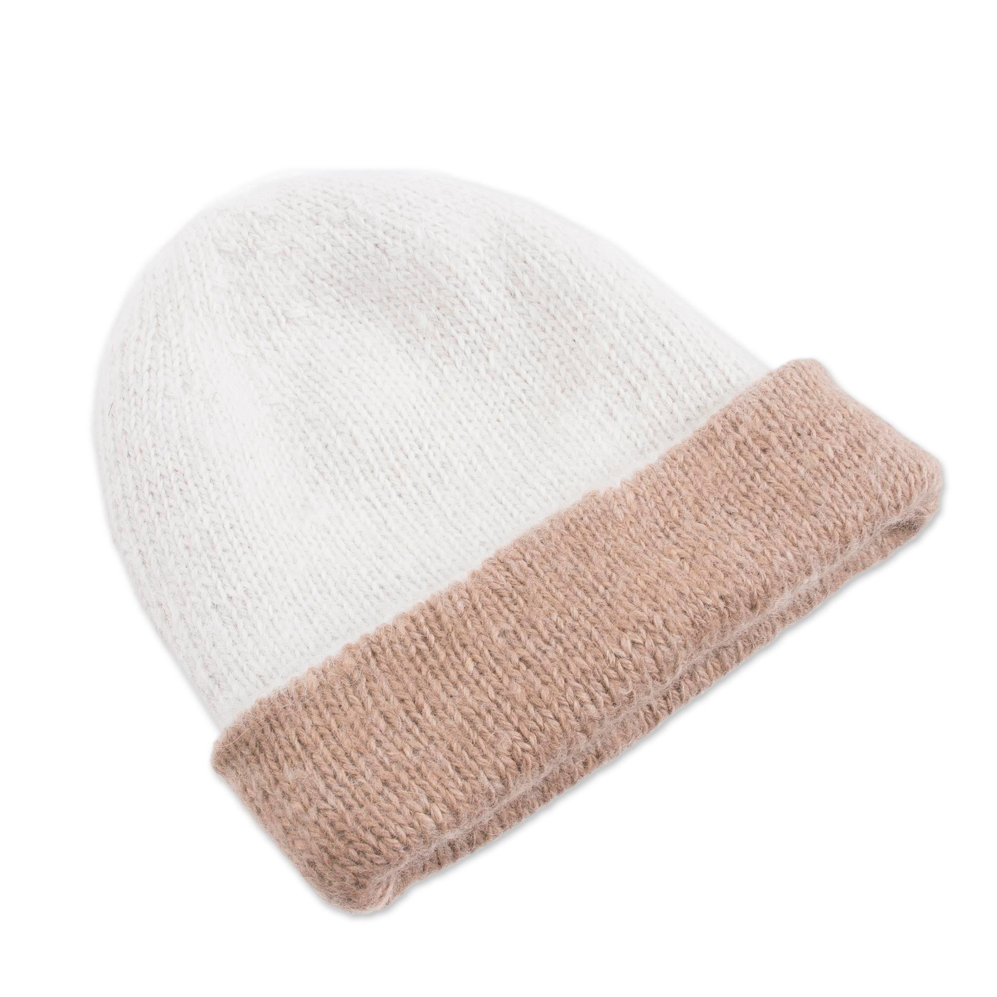 Cozy Winter in Tan 100% Alpaca Hat in Beige and White from Peru