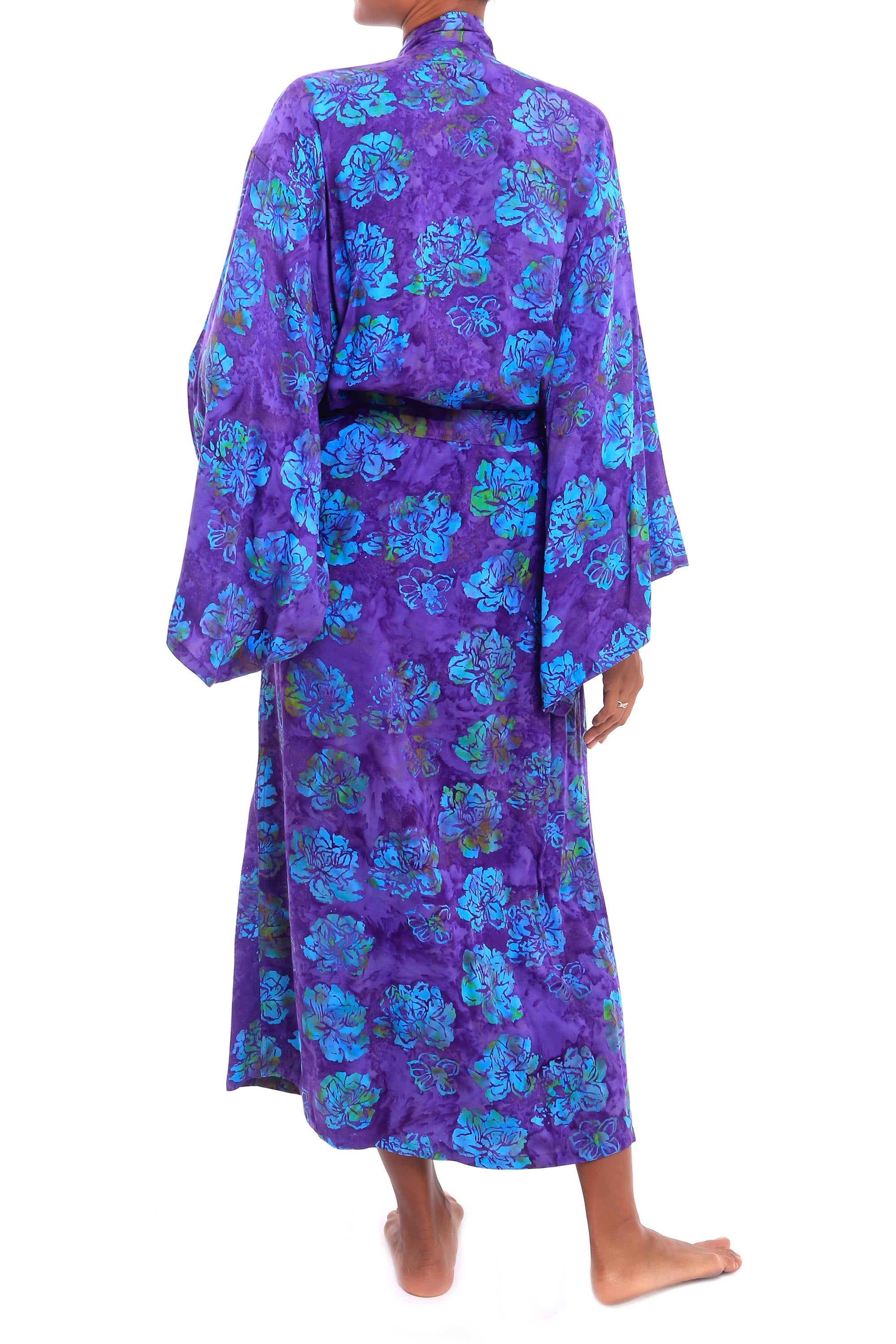 Daydream in Violet Purple Blue Batik Print Long Sleeved Rayon Robe with Belt