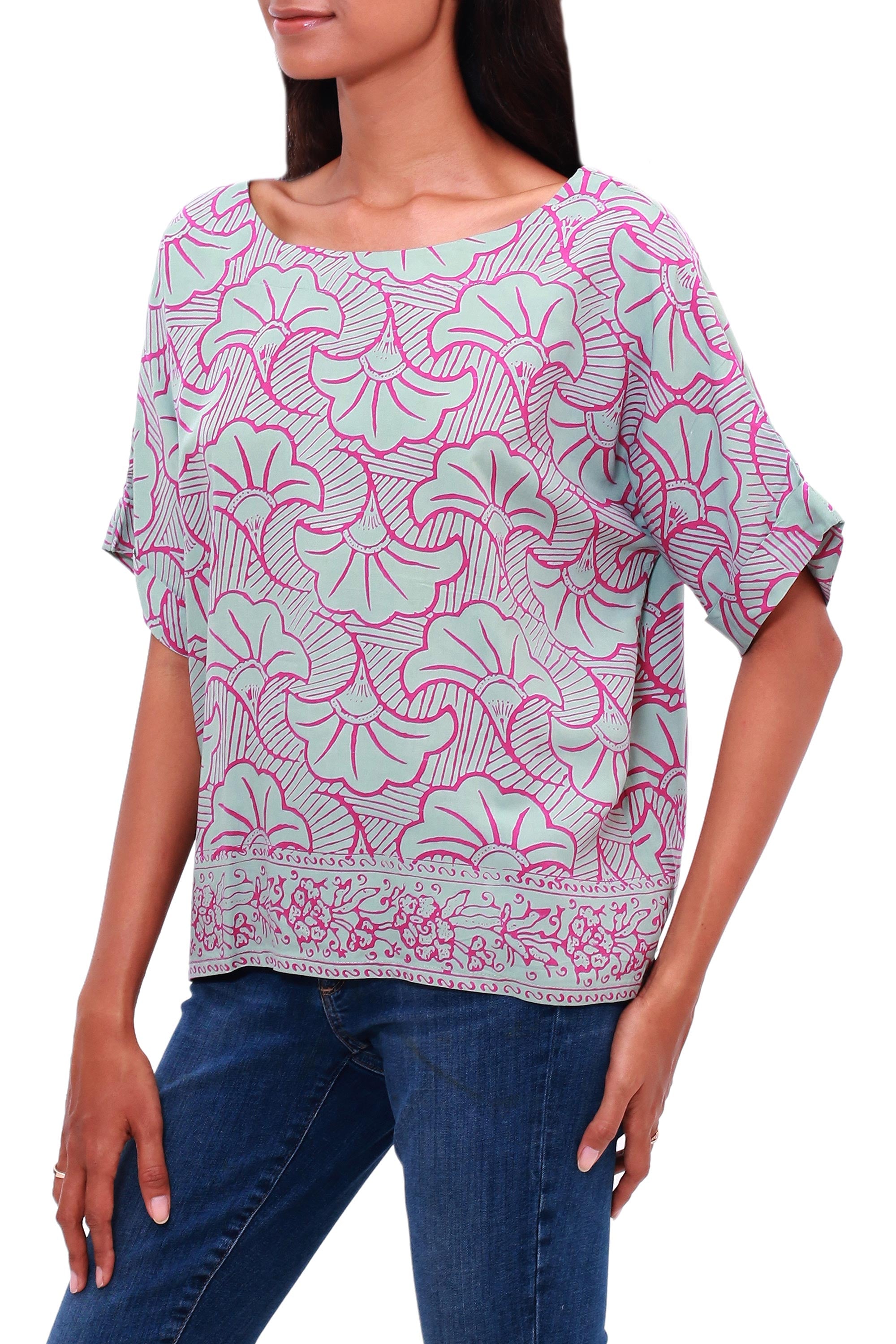 Gingko Leaf Batik Rayon Shirt in Mint and Magenta from Bali