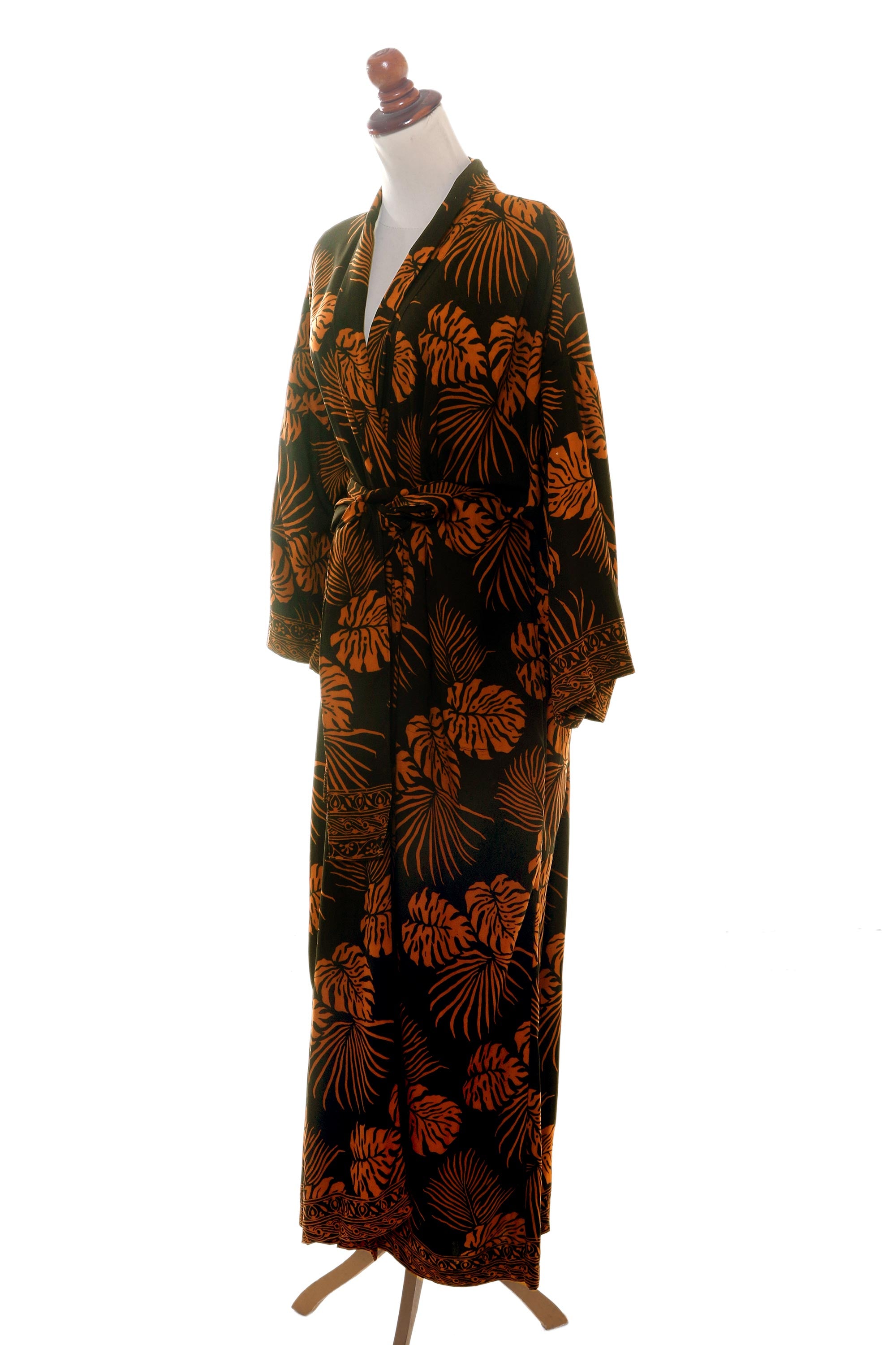 Tropical Leaves Hand Stamped Black and Spice Rayon Long Robe from Bali