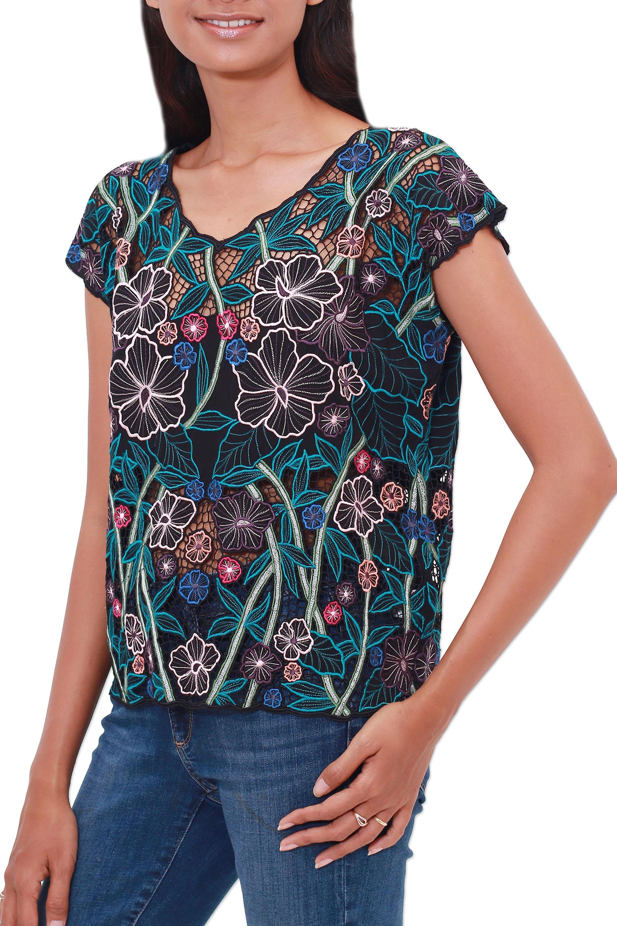 Lovely Garden Floral Embroidered Rayon Blouse from Bali