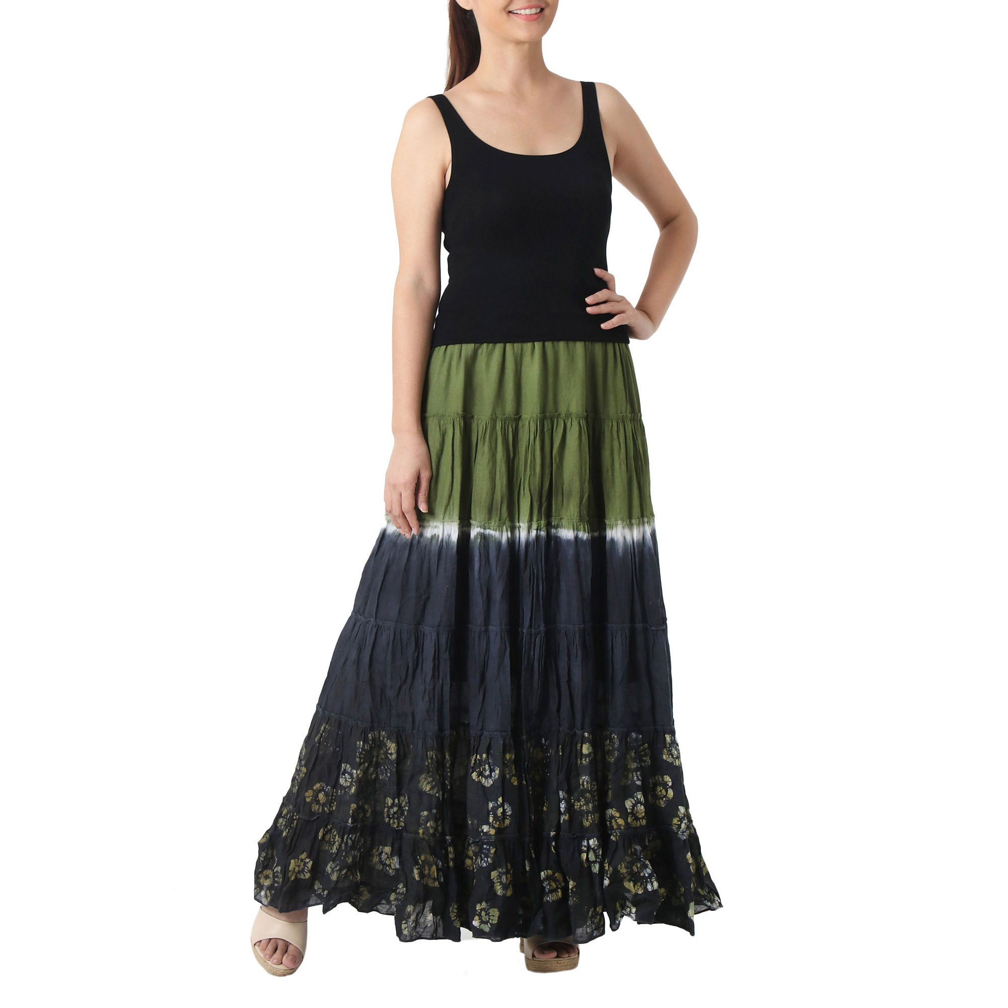 Festive Summer in Olive Black & Green Batik Cotton Skirt