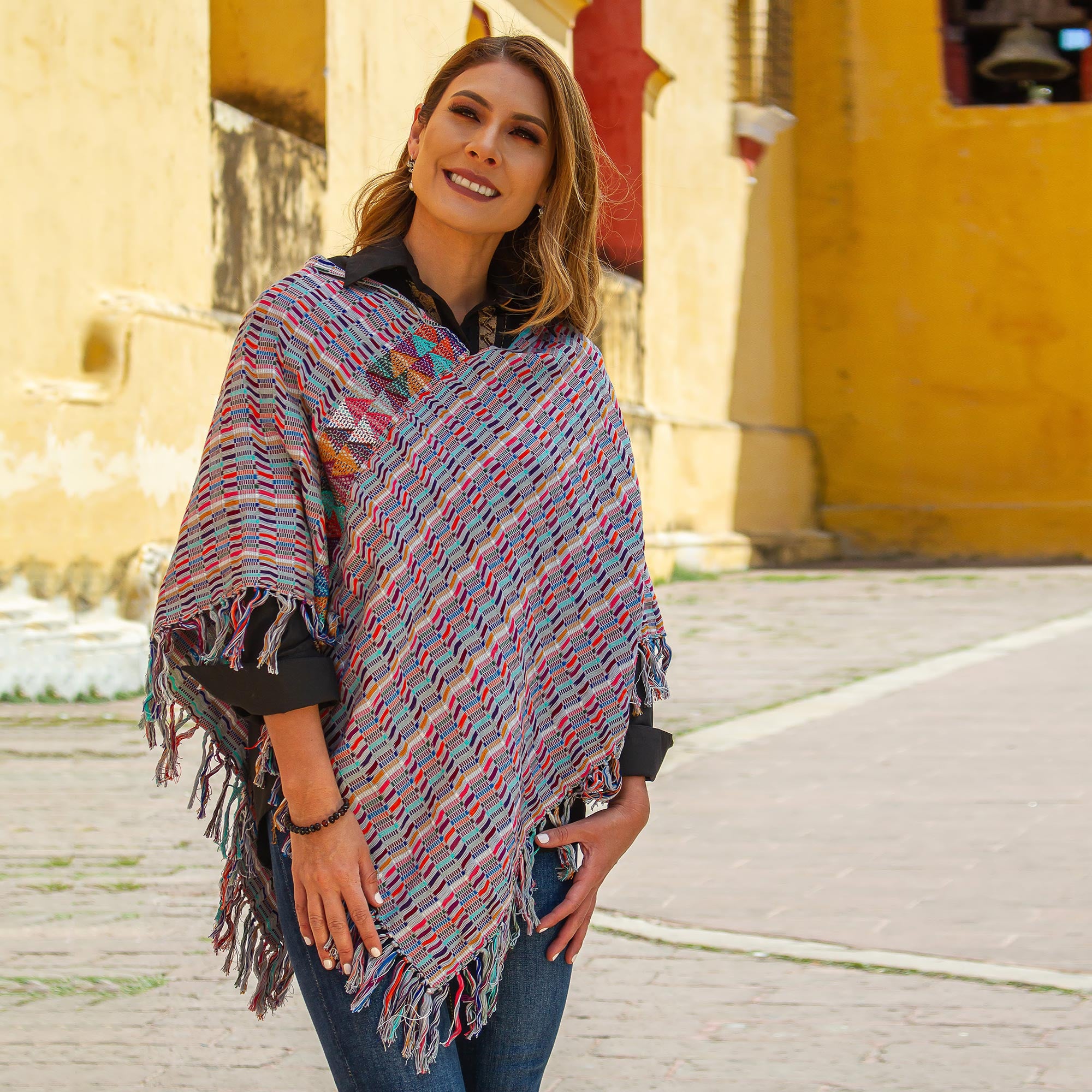 Color of the Morning Multicolored Striped Cotton Poncho from Mexico