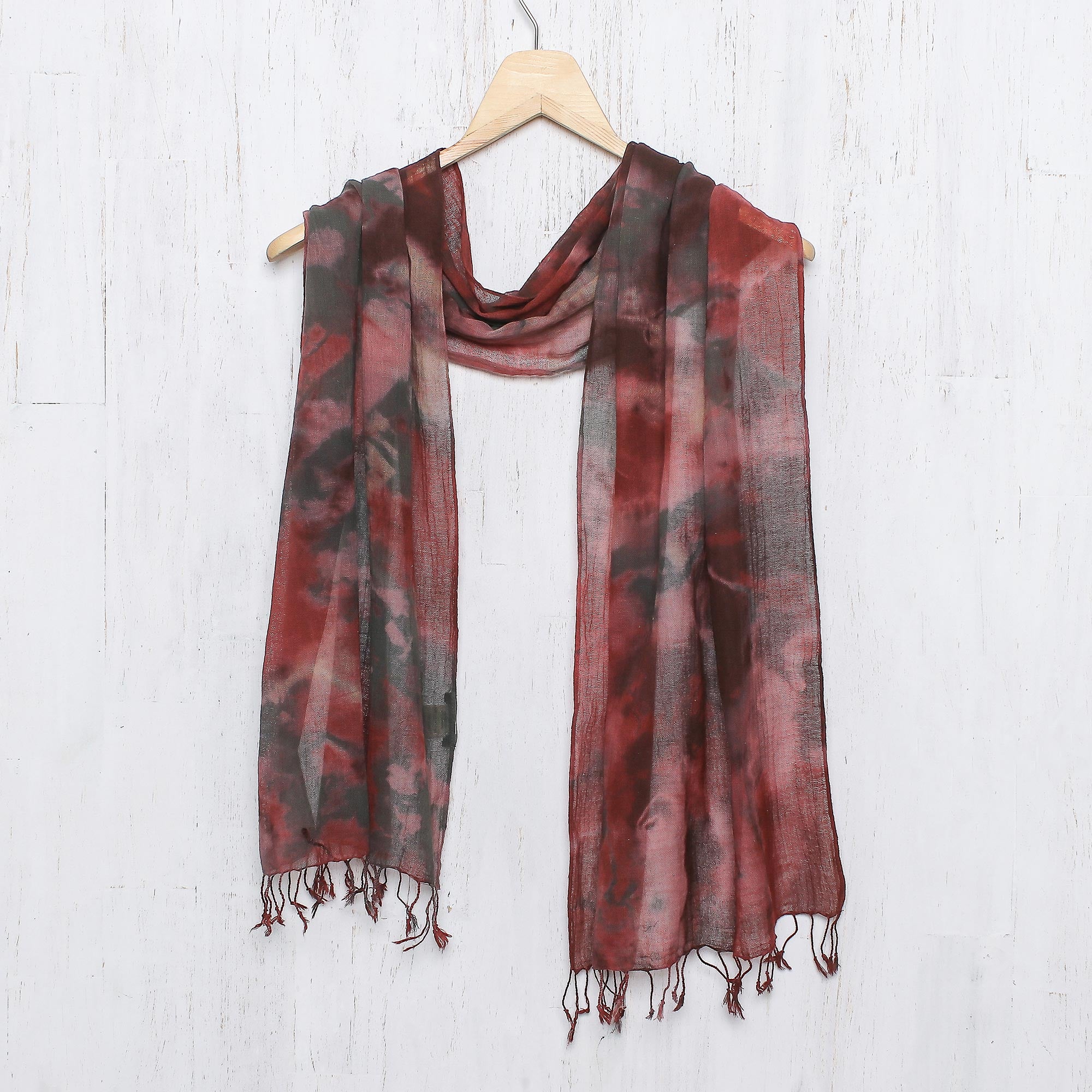 Heated Colors Tie-Dyed Cotton Wrap Scarf in Red from Thailand