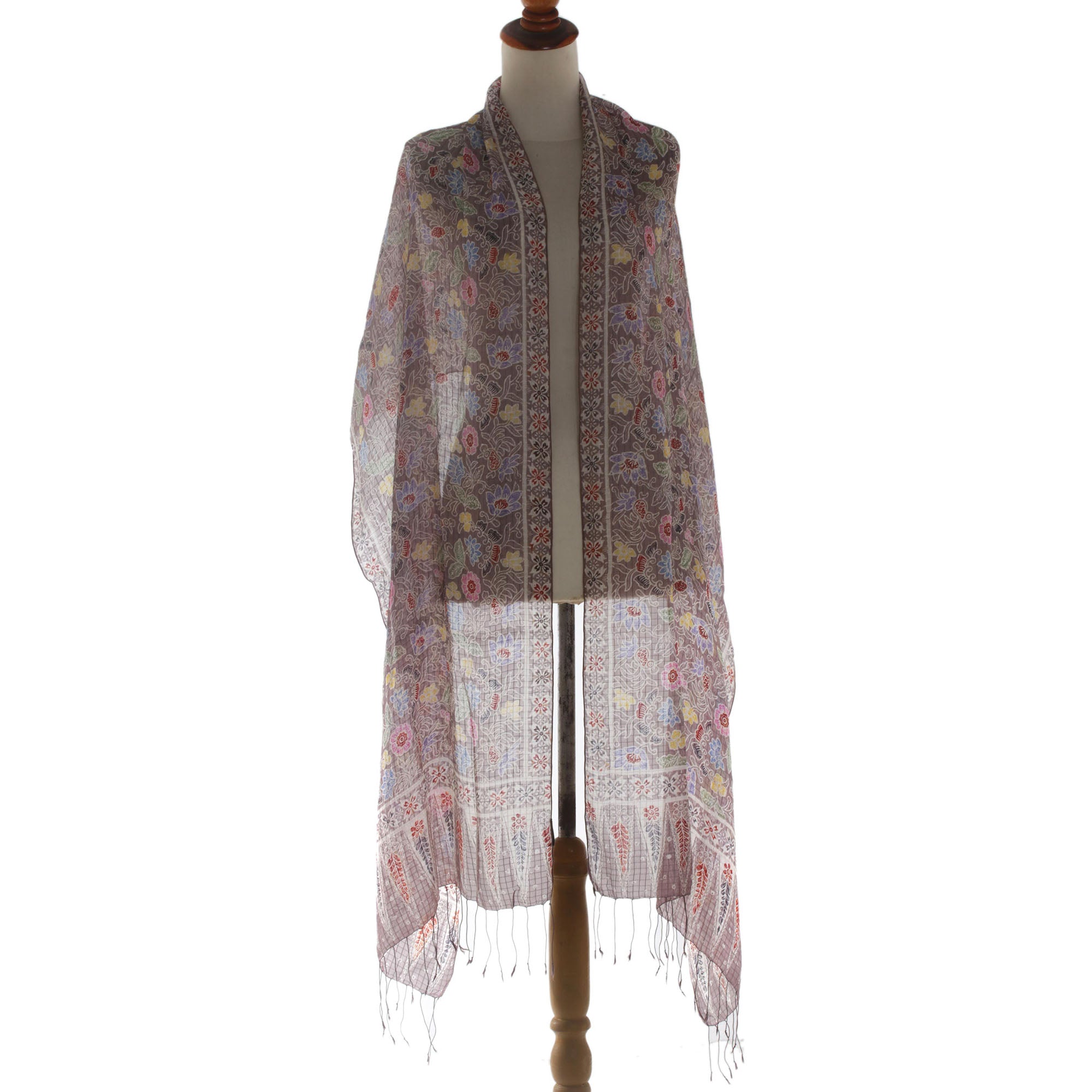 Euphoria Gray Floral Silk Batik Shawl