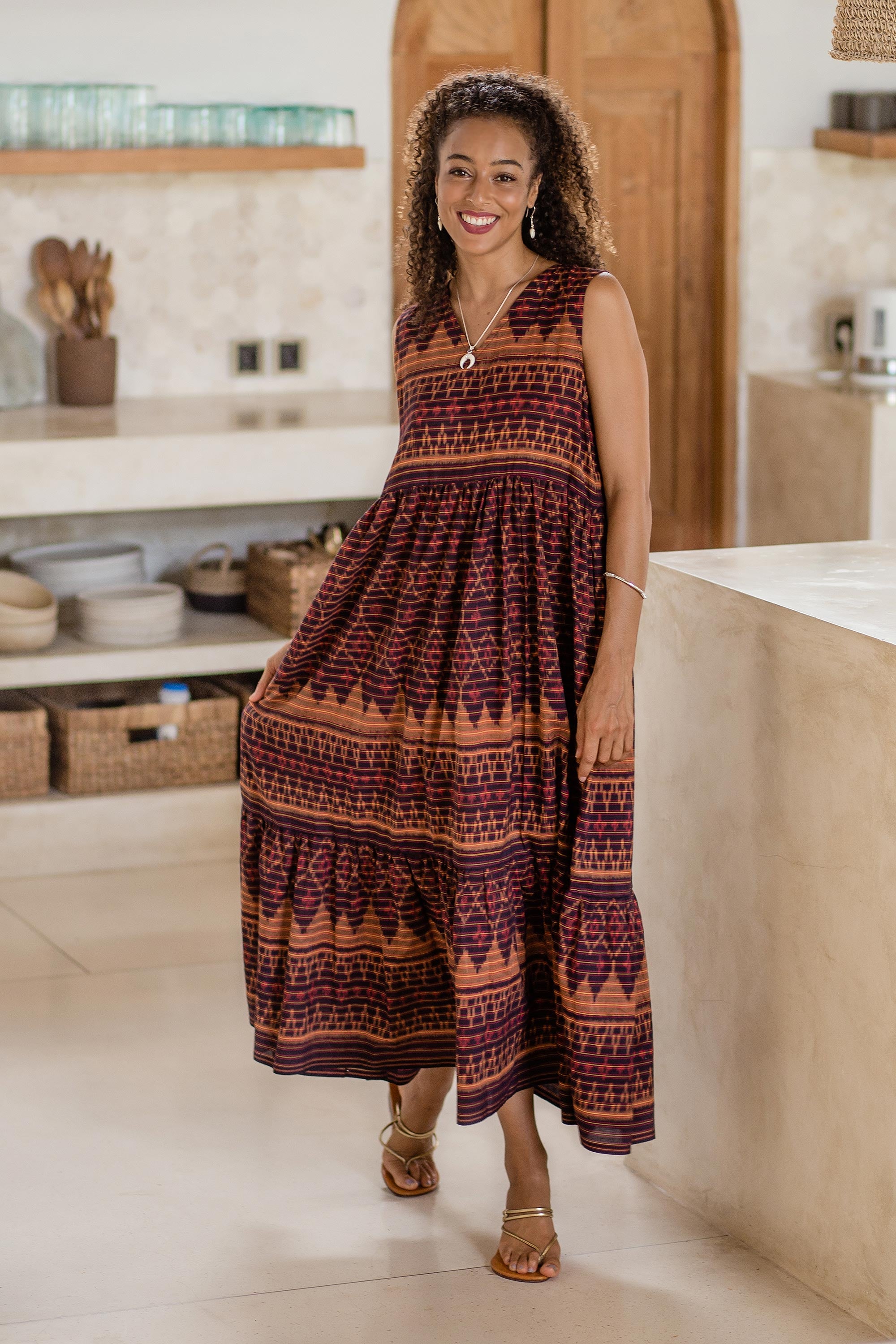 Borobudur Hand-Woven Cotton Maxi Dress with Ikat Motif