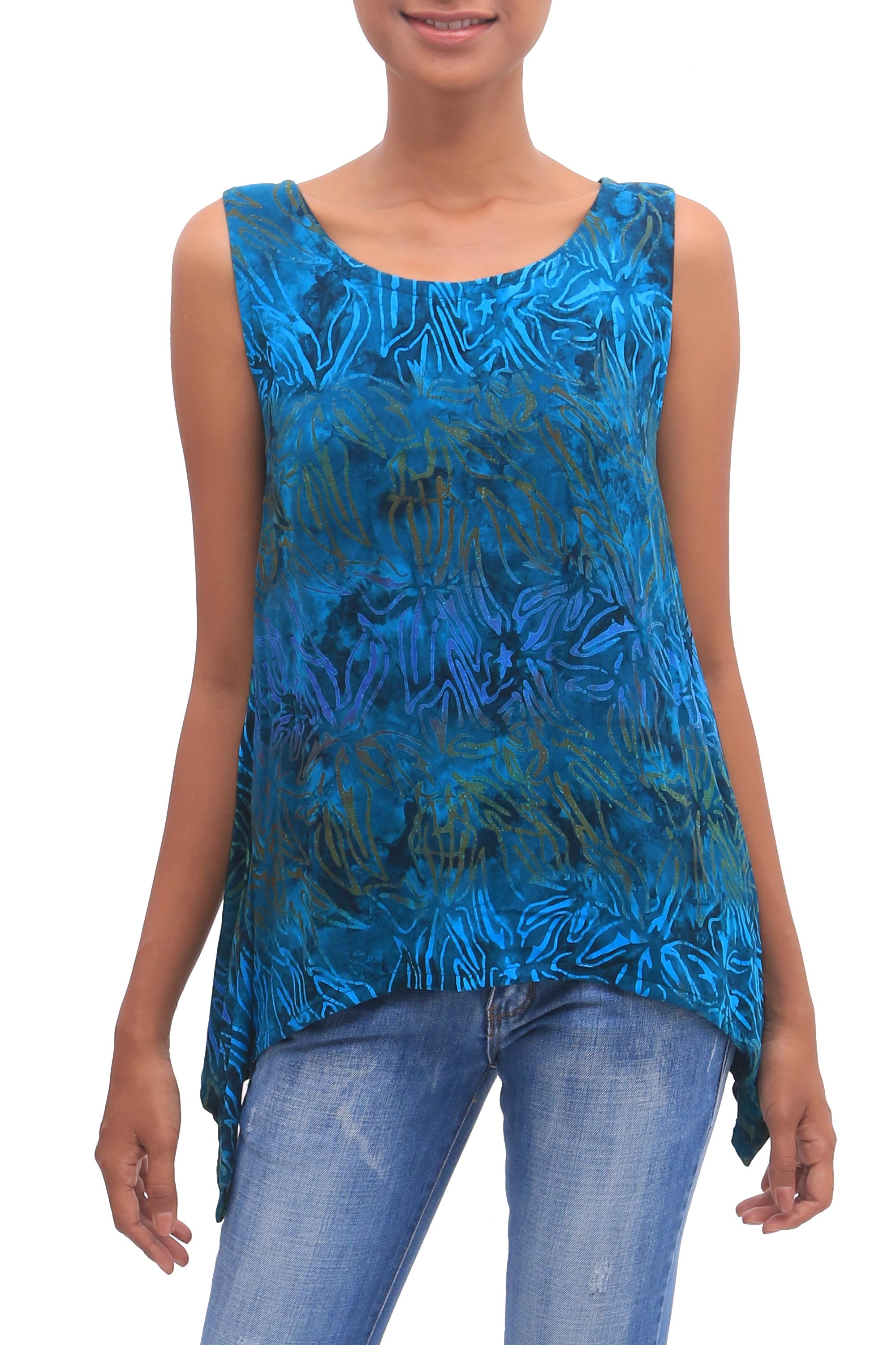 Kenanga Sleeveless Women's Rayon Tank Top with Teal Floral Print