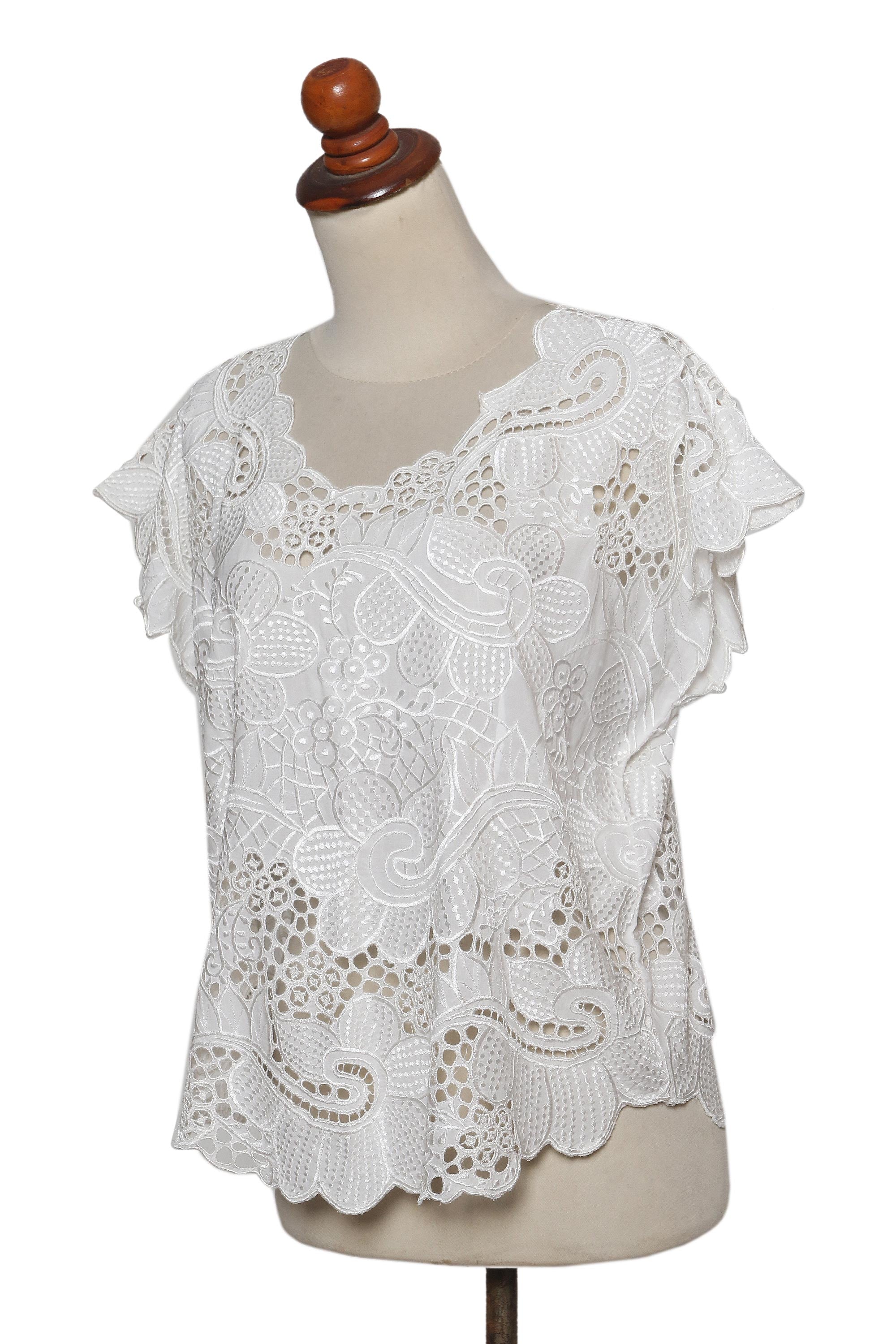 Rose Mallow in White Floral White-On-White Openwork and Embroidered Rayon Top