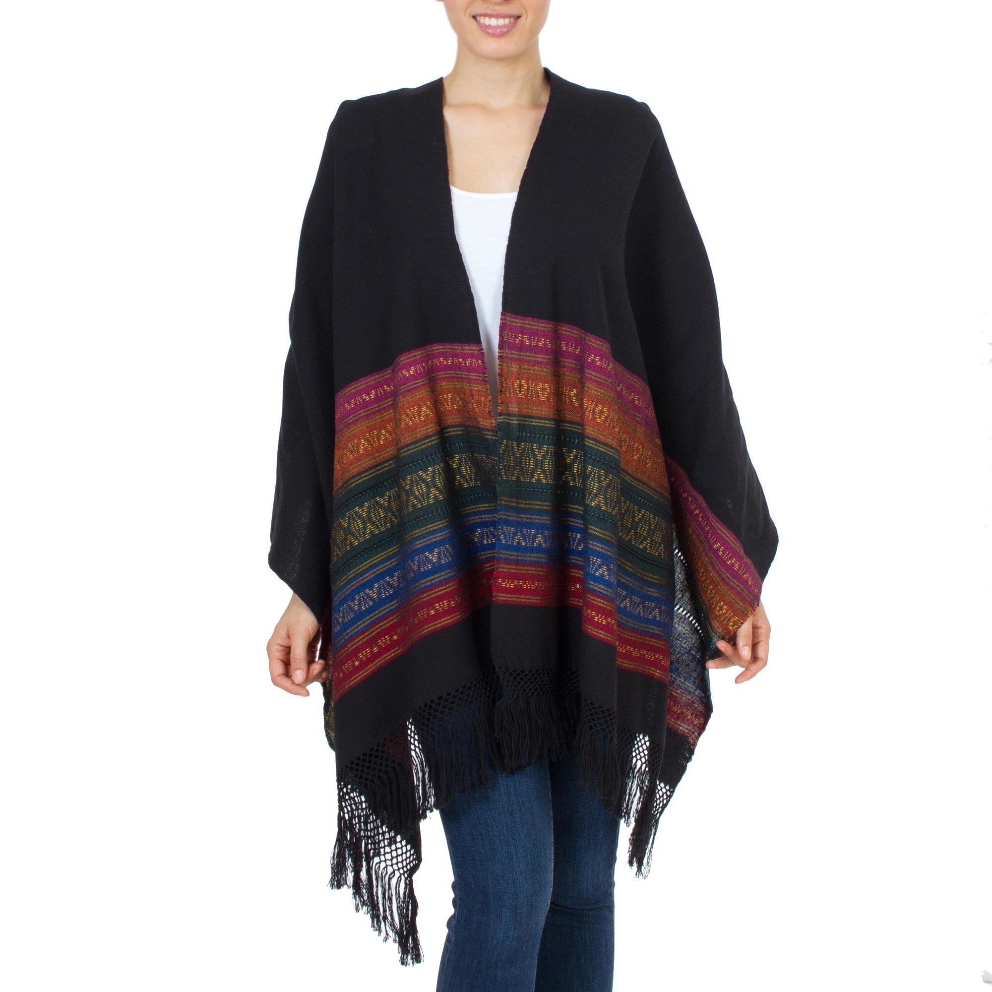 Zapotec Night Splendor Black Zapotec Rebozo Shawl with Colorful Geometric Stripes