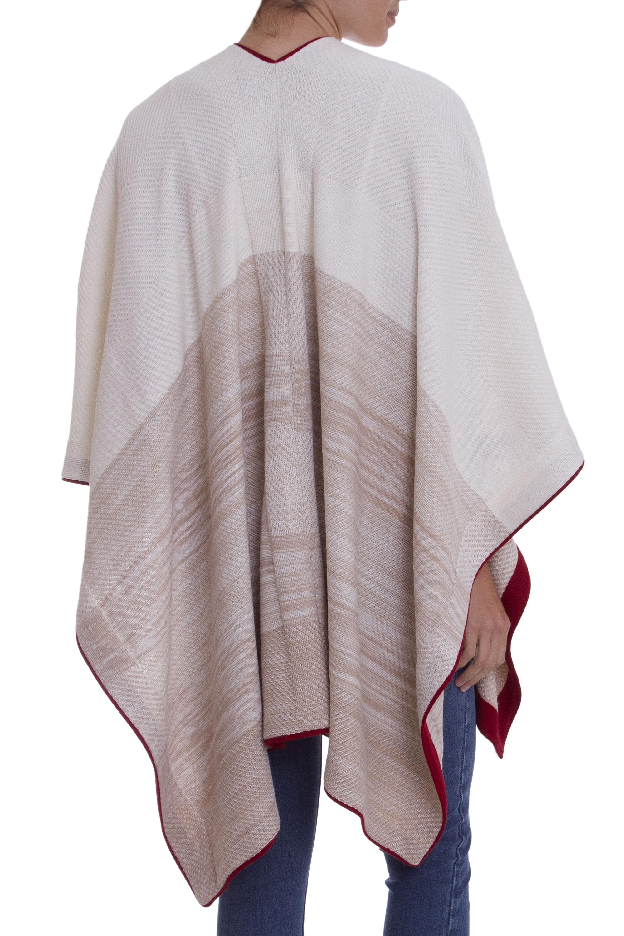 Light of the Desert White and Beige 100% Baby Alpaca Knit Ruana with Red Borders