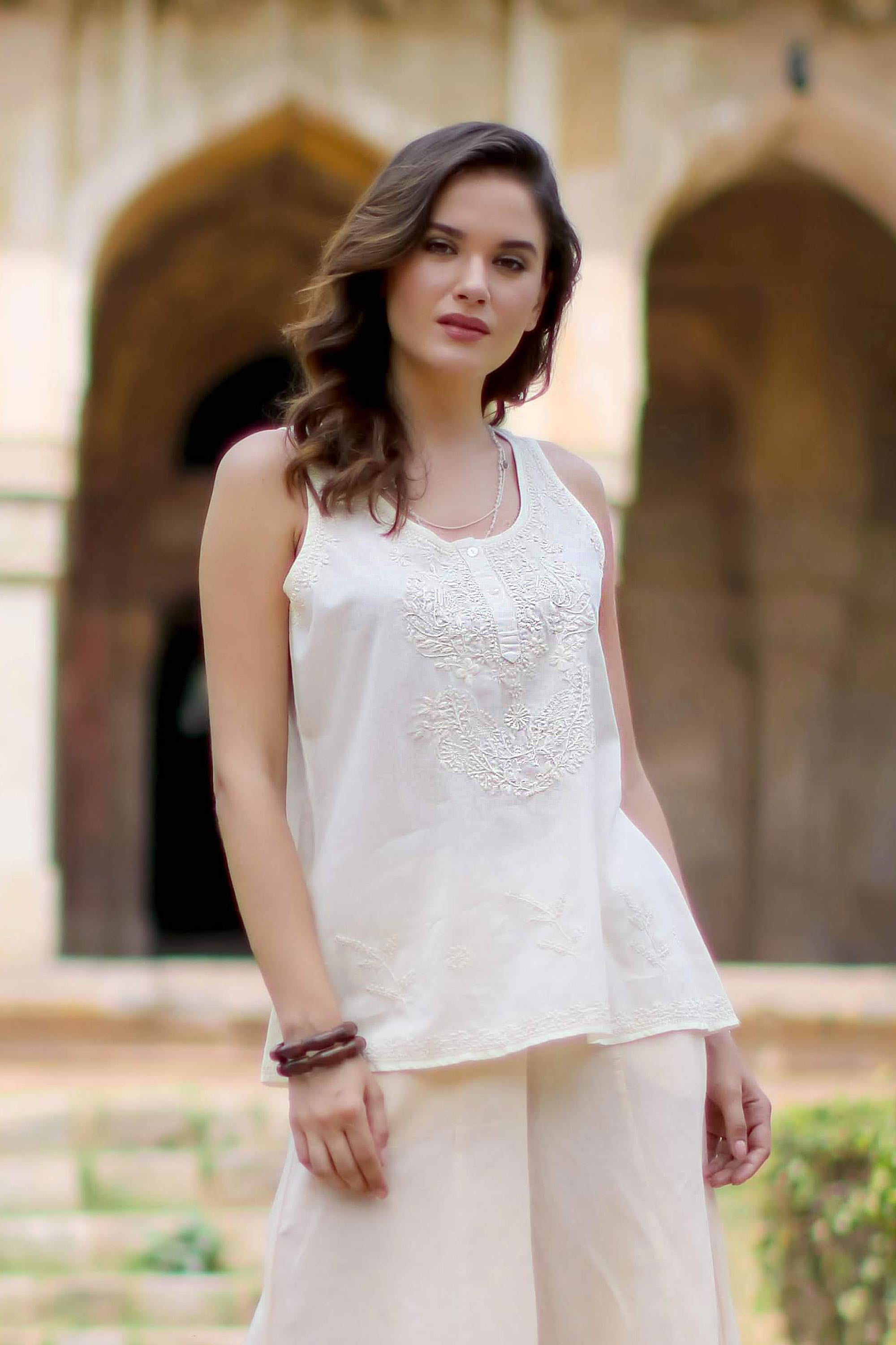 Casual Elegance Ivory Sleeveless Cotton Top with Chikankari Embroidery