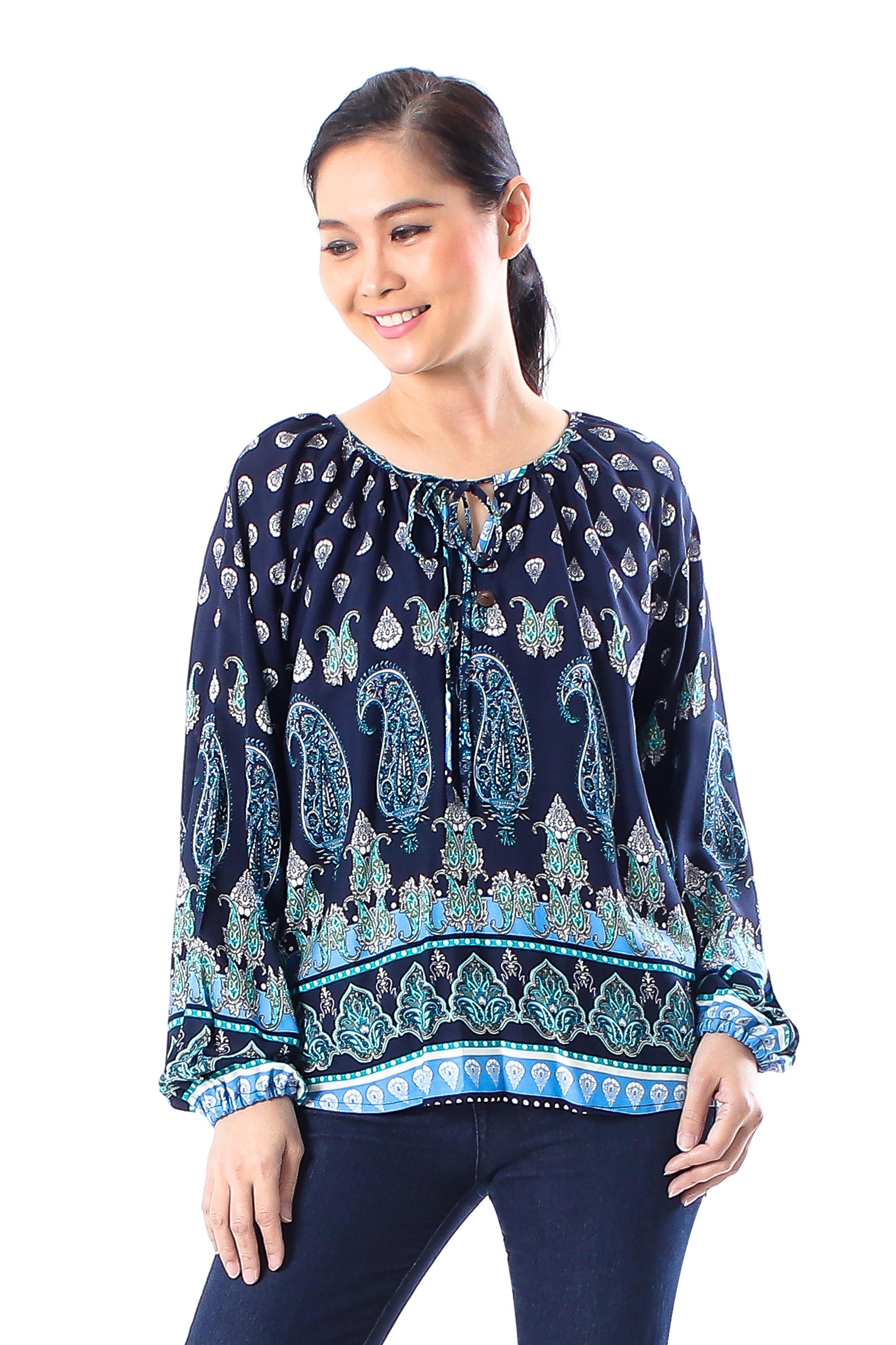 Tender Paisleys Indigo Paisley Motif Rayon Blouse Crafted in Thailand