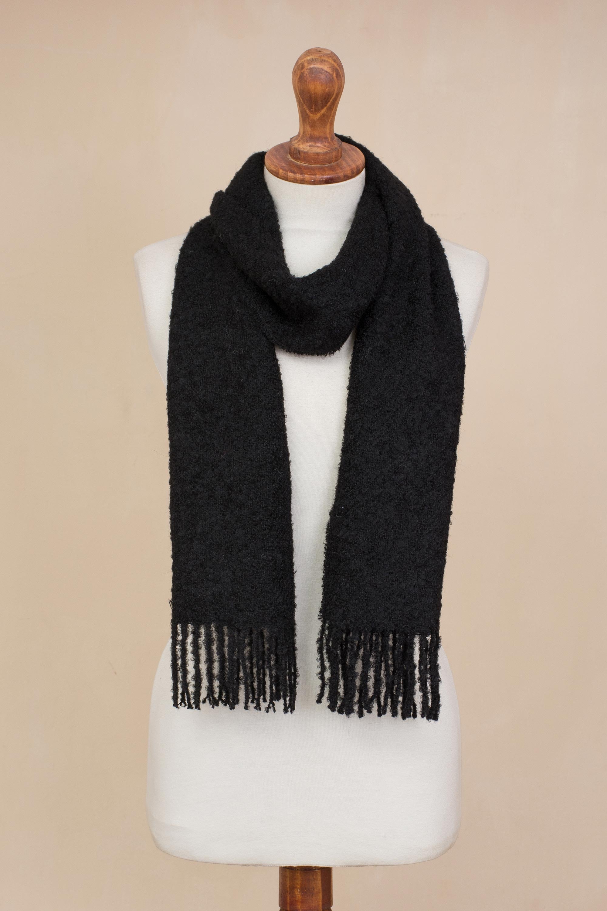 Andean Delight in Black 100% Alpaca Wrap Scarf in Solid Black from Peru