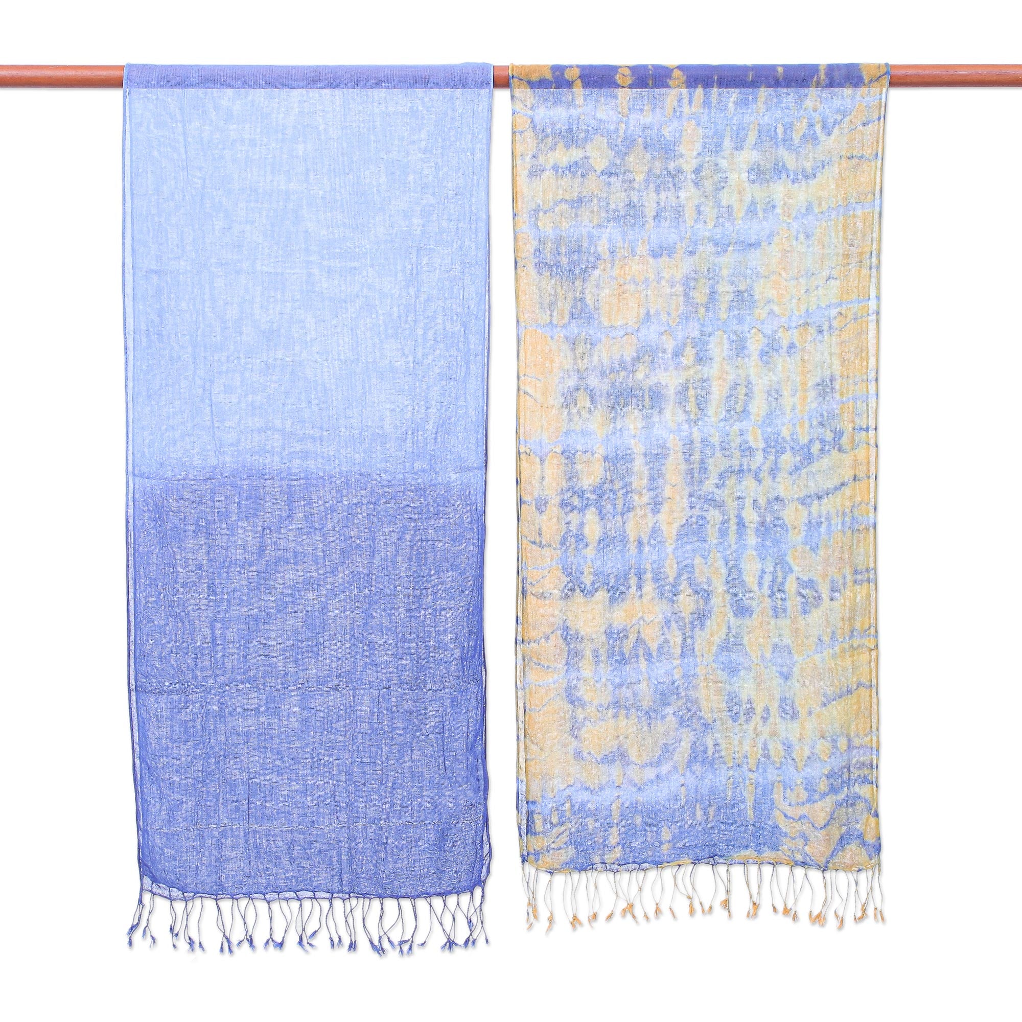 Wave of Love Pair of Cotton Tie-Dye Scarves in Blue and Yellow