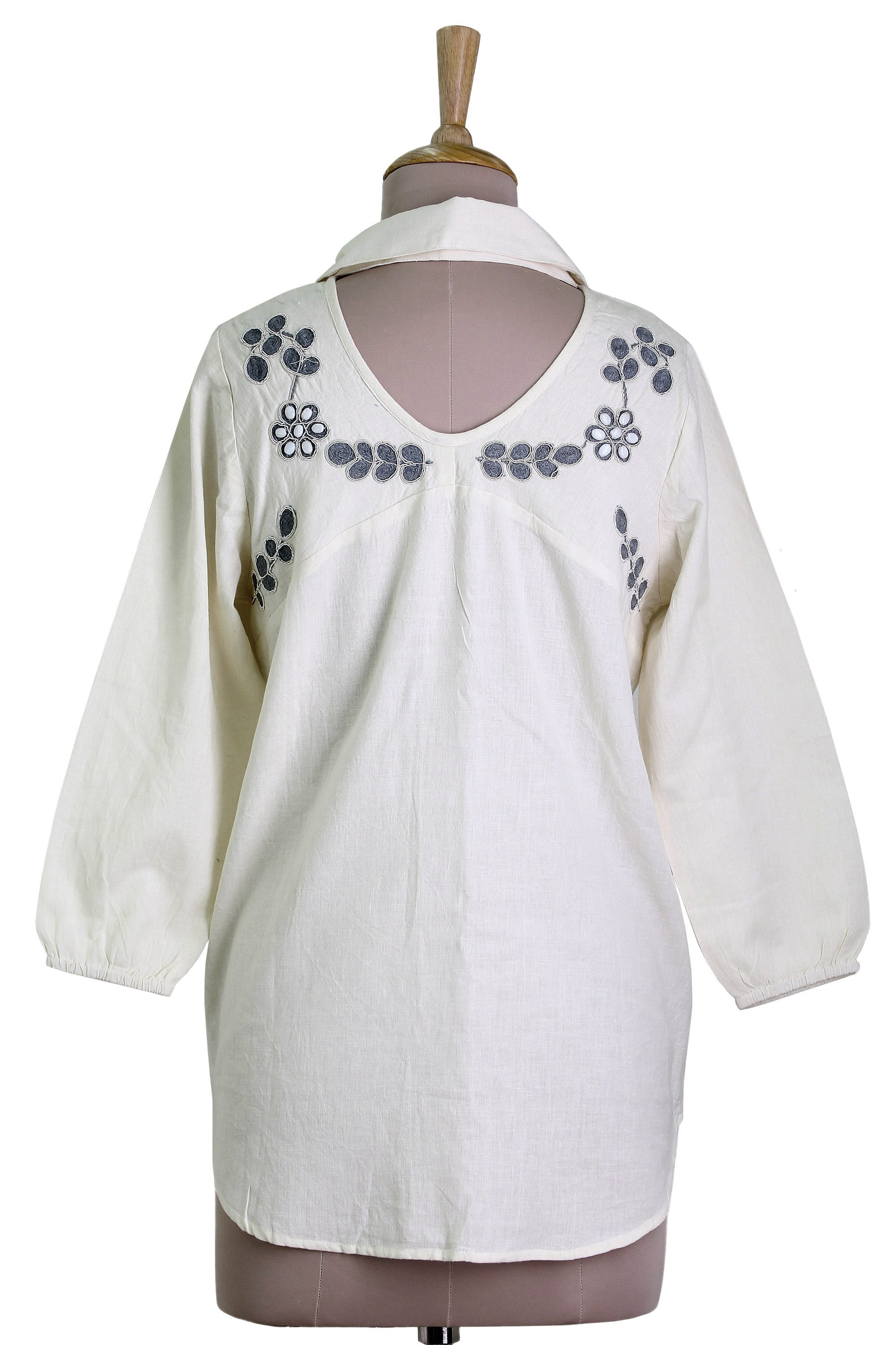 Ivory Relaxation Cotton Viscose Blend Tunic in Ivory Plastic Beads from India