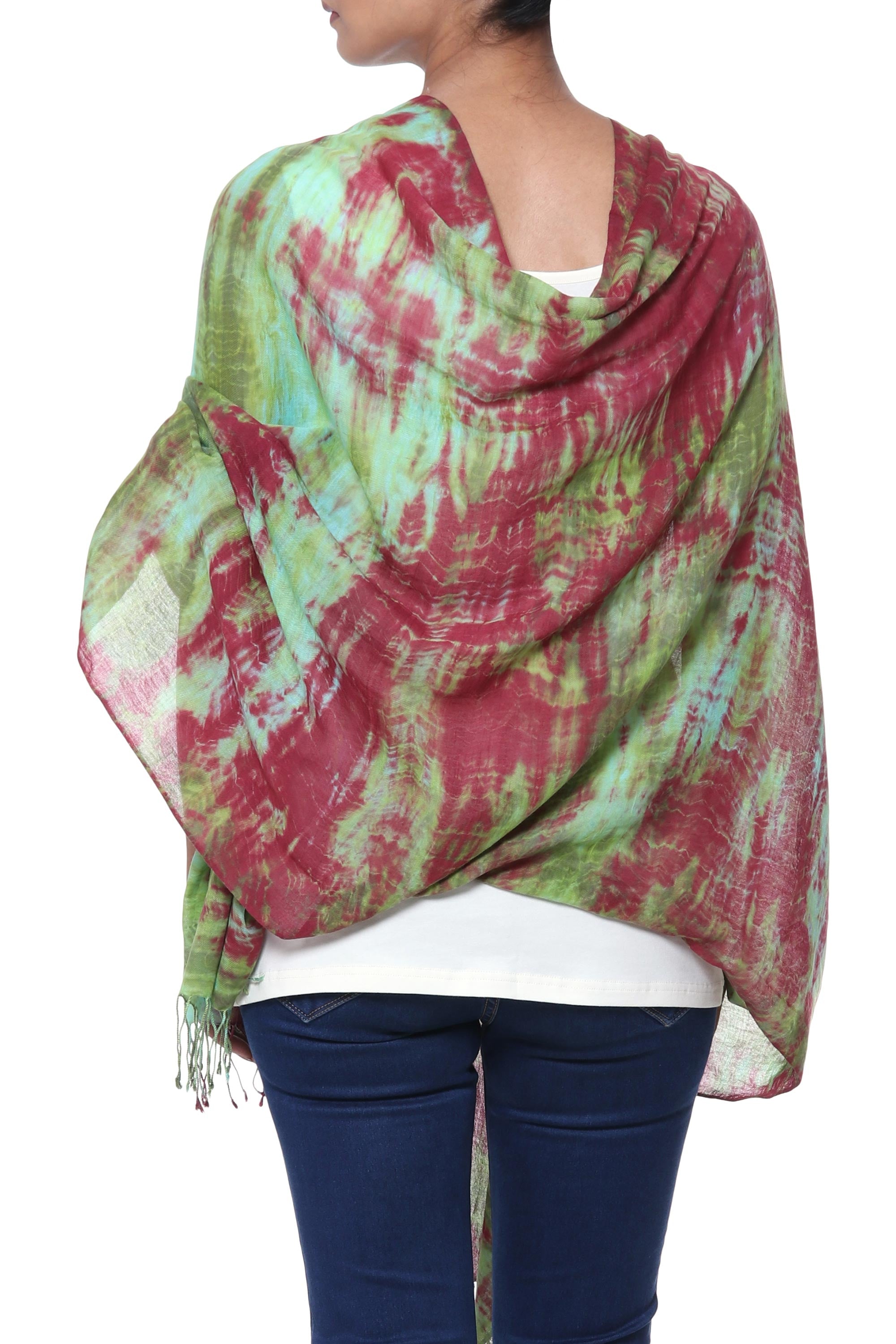 Cosmic Waves Red Green and Aqua Tie-Dyed Cotton Shawl with Fringe