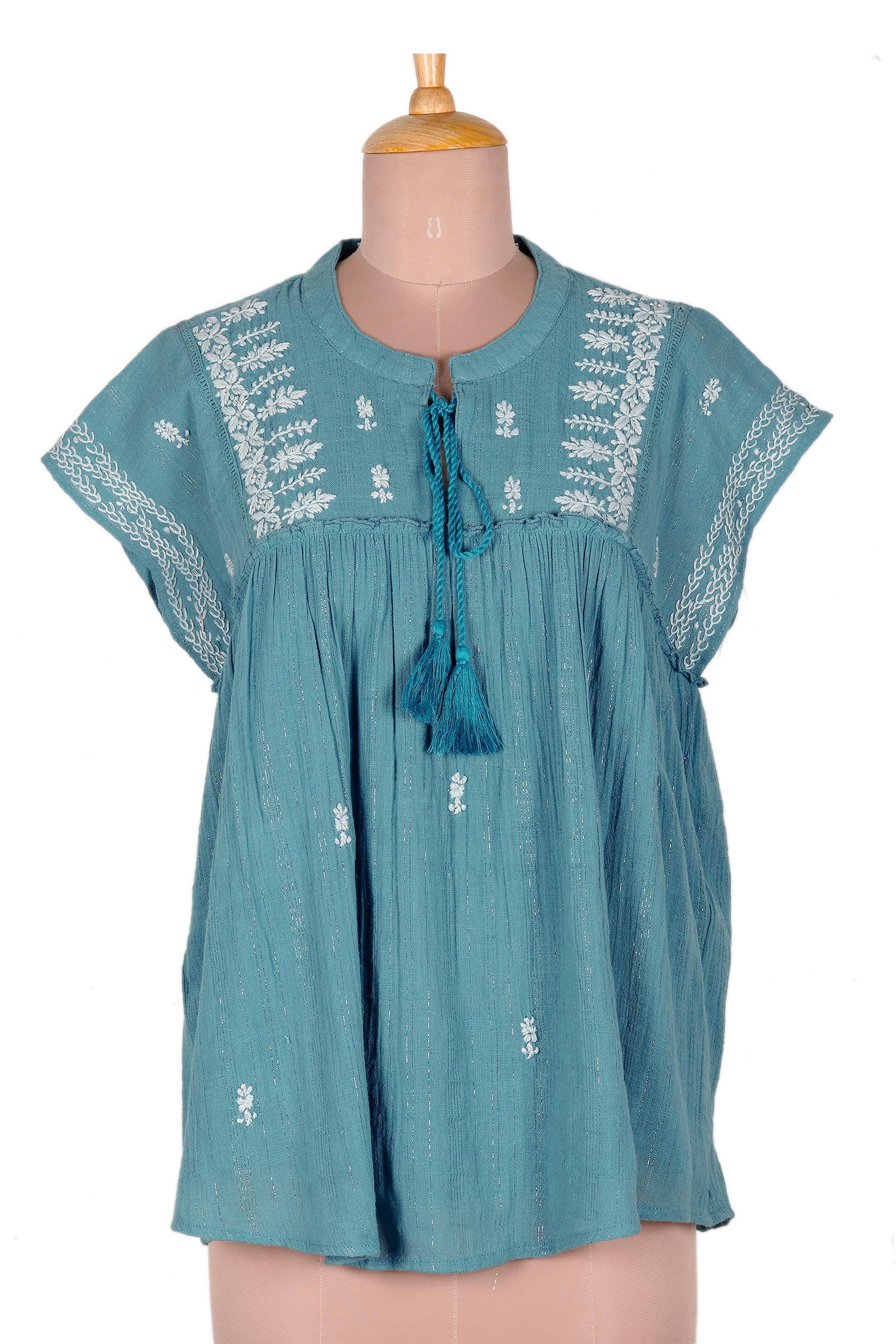 Casual Charm Hand Embroidered Teal Cotton Blouse